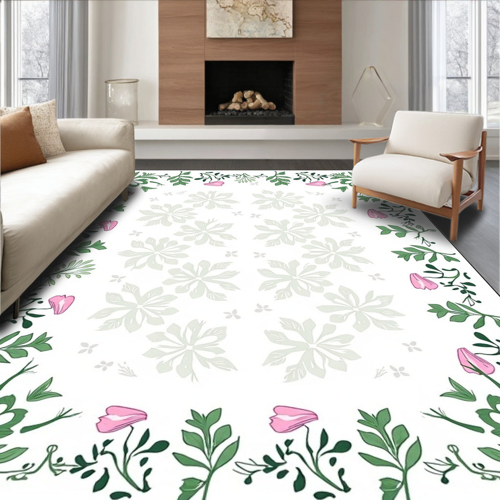 Green Pink Floral Vine Border Rug