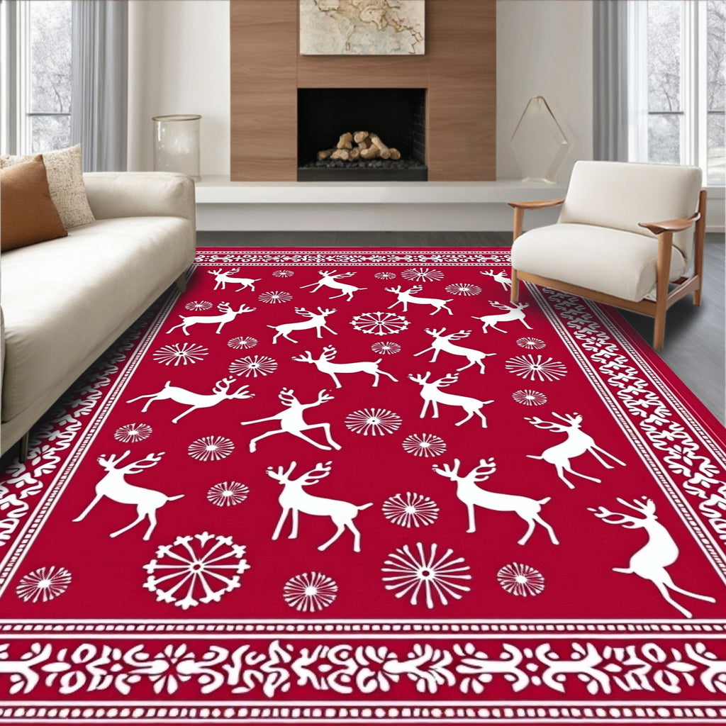 Red White Reindeer Snowflake Christmas Rug
