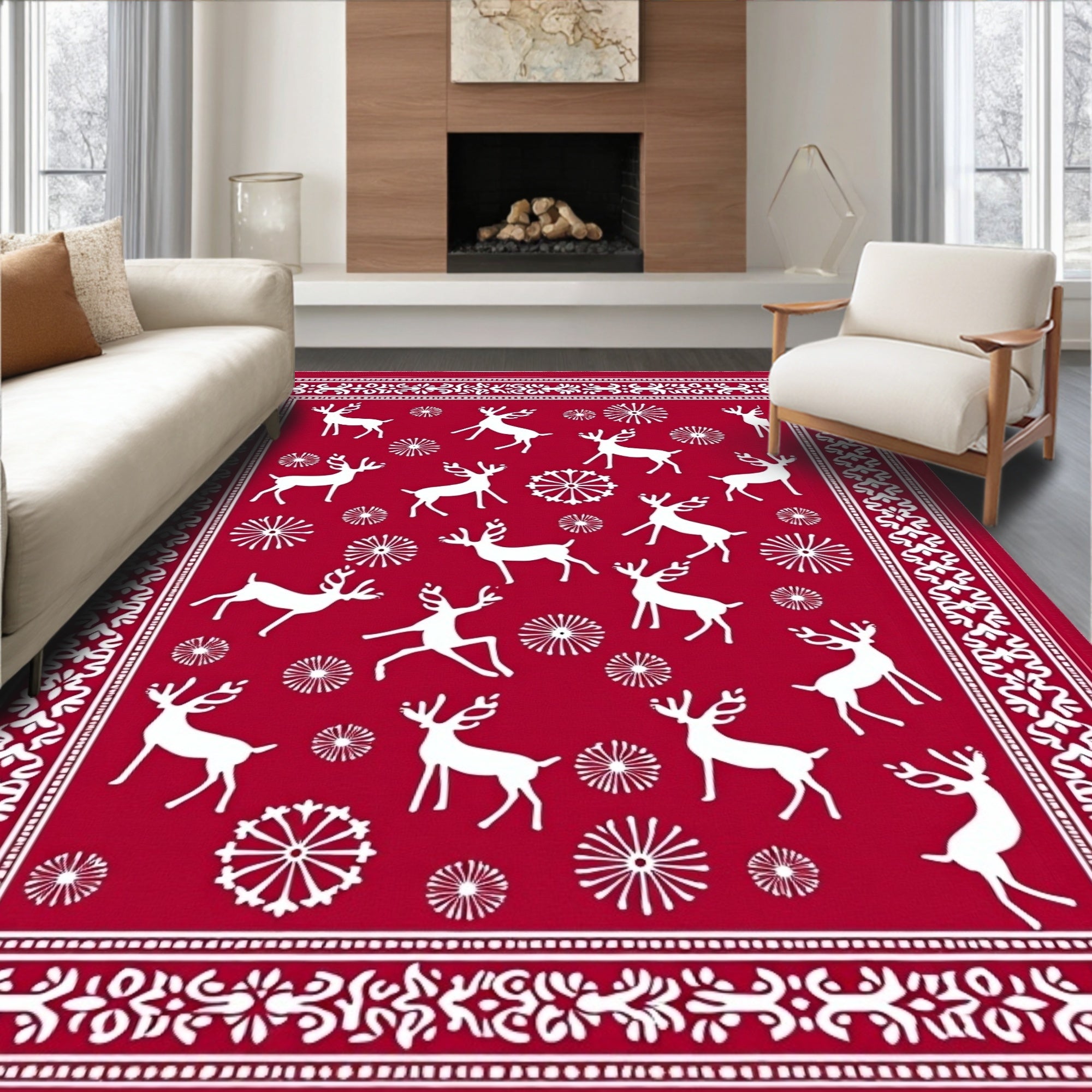 Red White Reindeer Snowflake Christmas Rug
