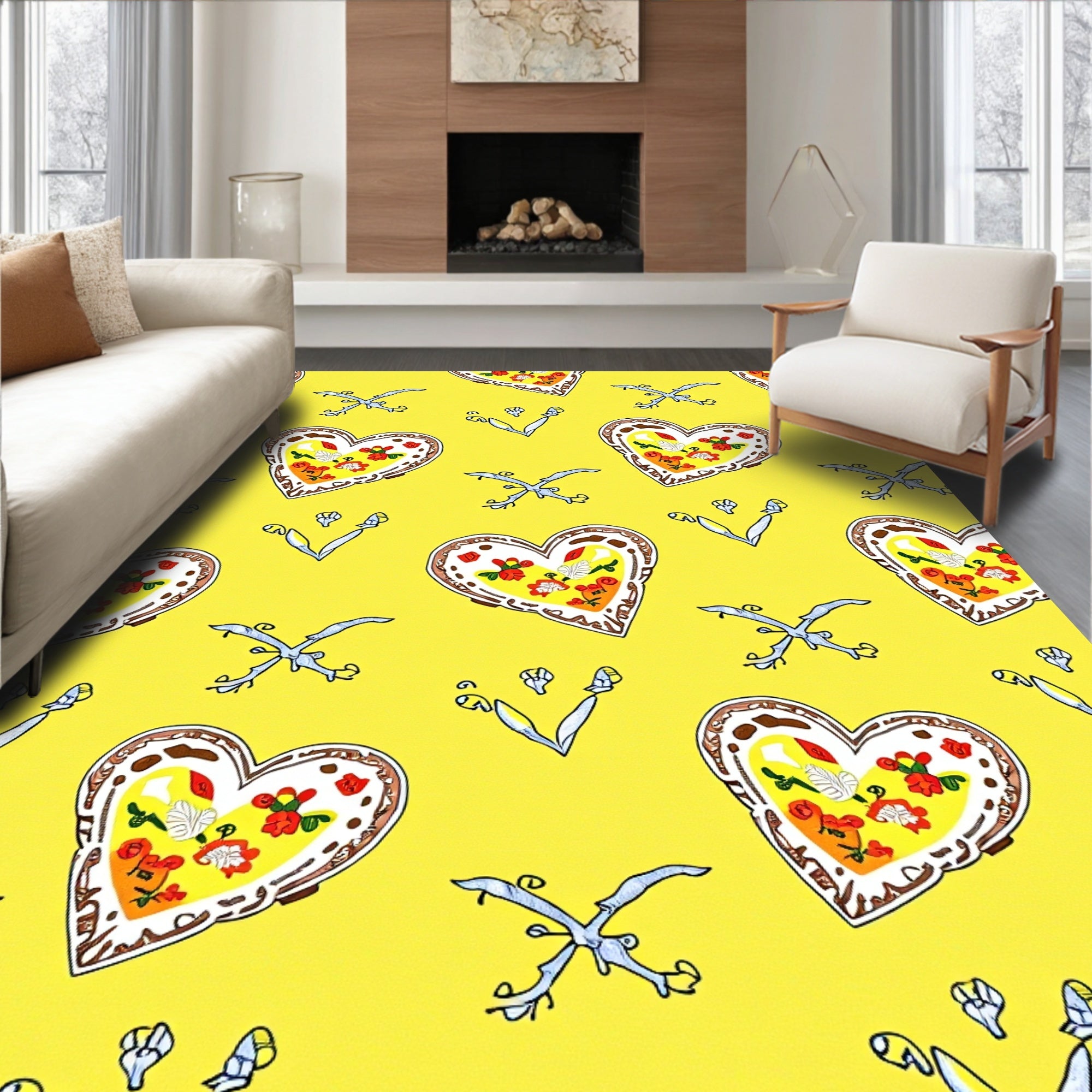 Whimsical Yellow Heart Floral Rug
