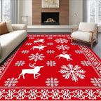 Red White Reindeer Snowflake Border Rug
