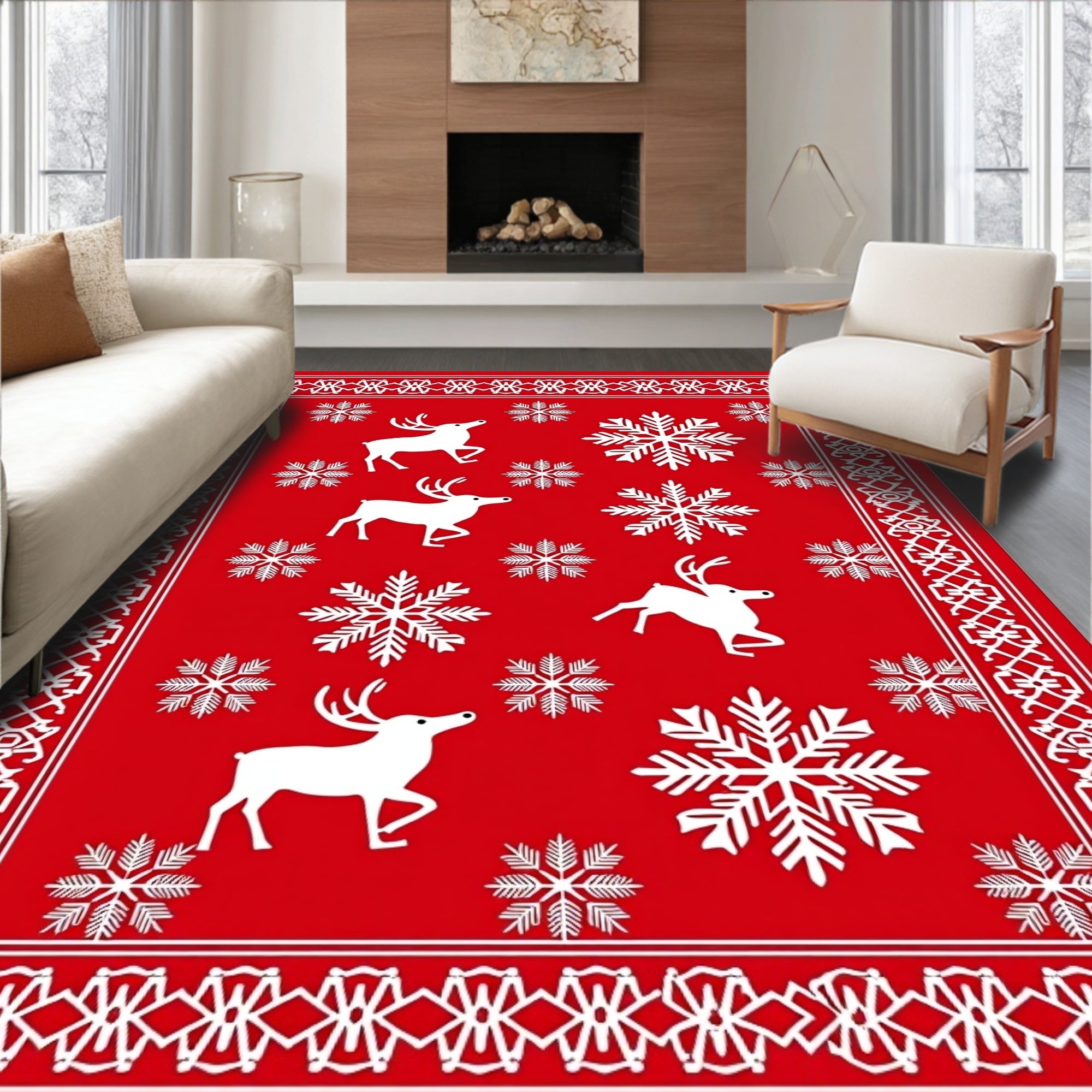 Red White Reindeer Snowflake Border Rug