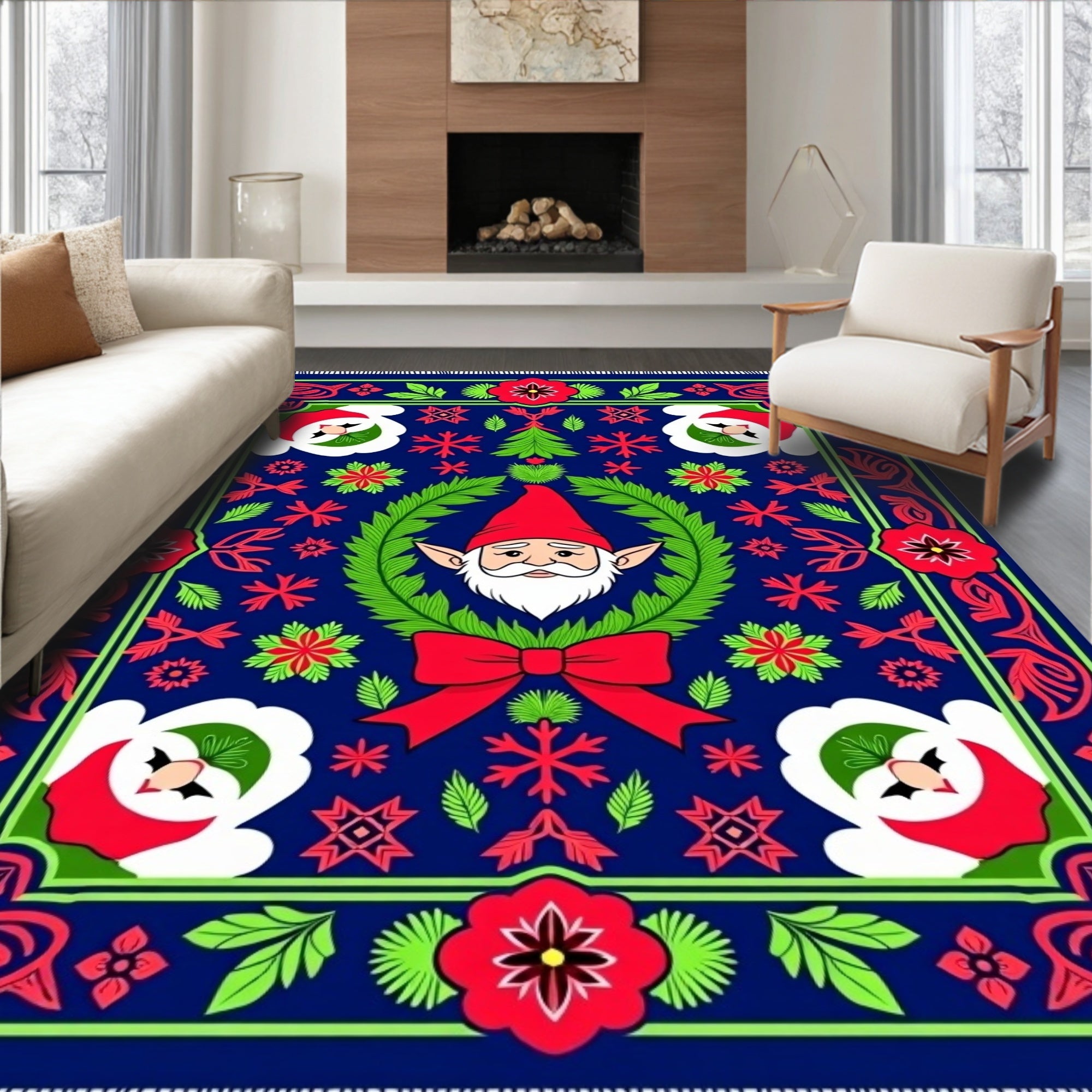 Whimsical Blue Gnome Christmas Rug