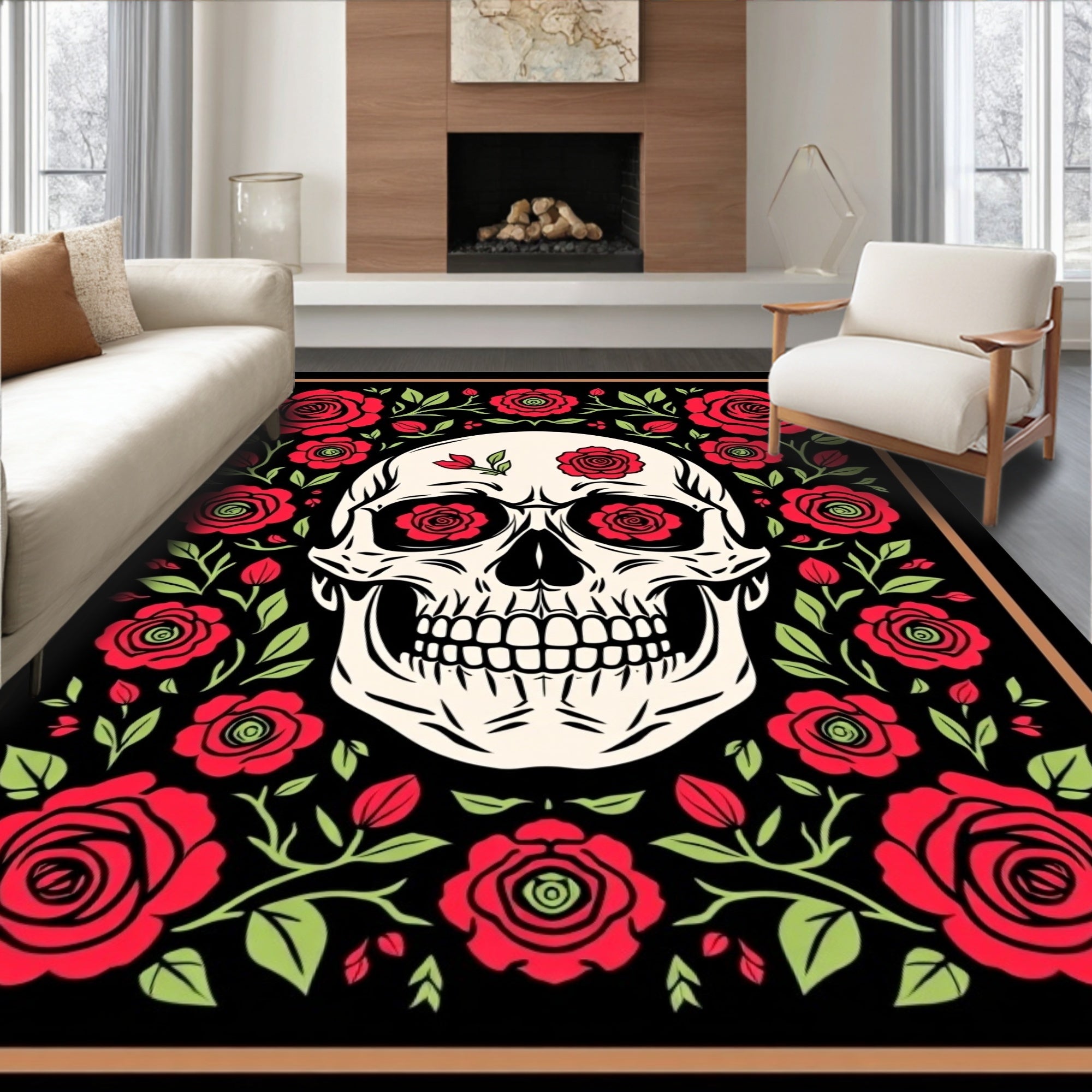 Bold Red Rose Skull Border Rug