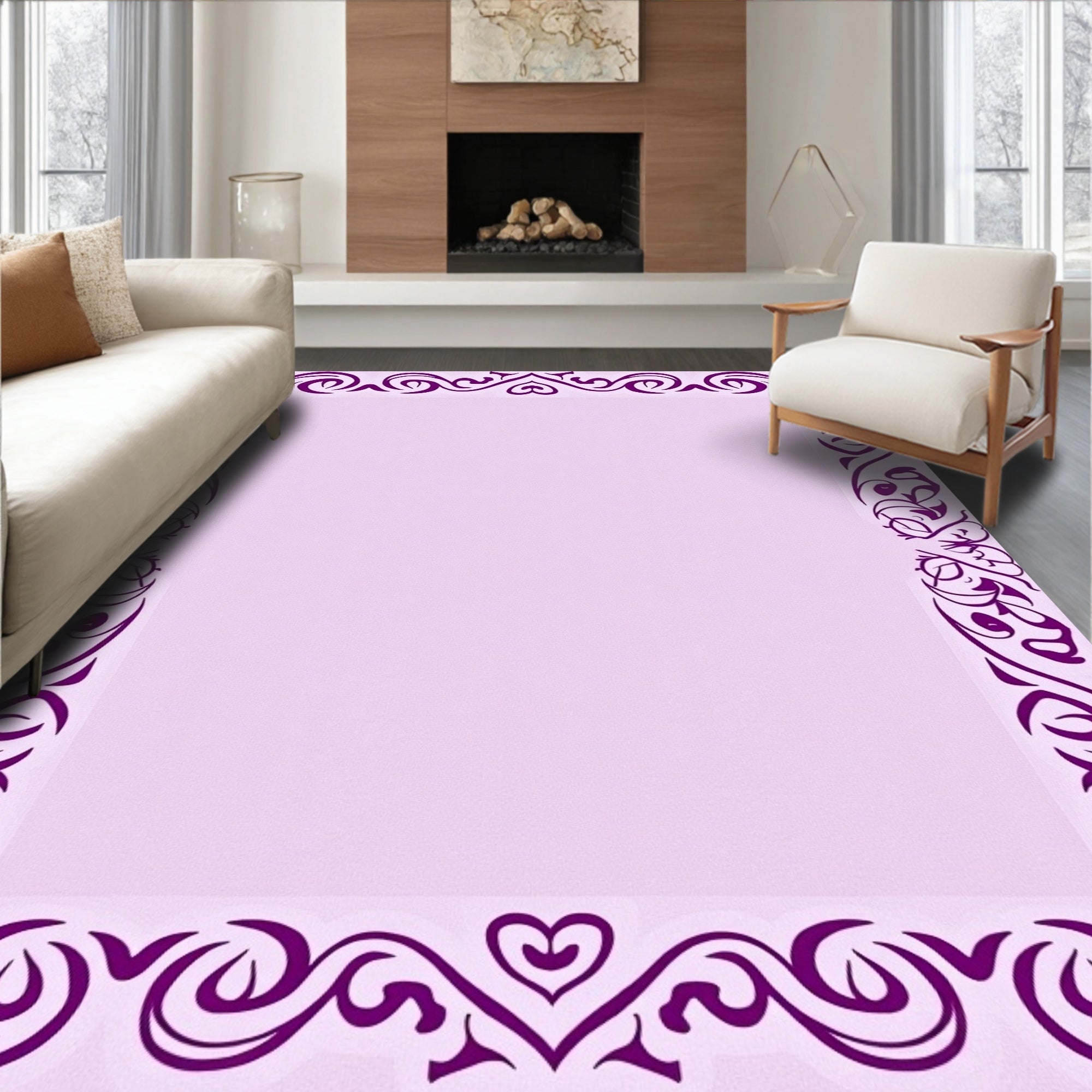 Ornate Purple Floral Swirl Frame Rug