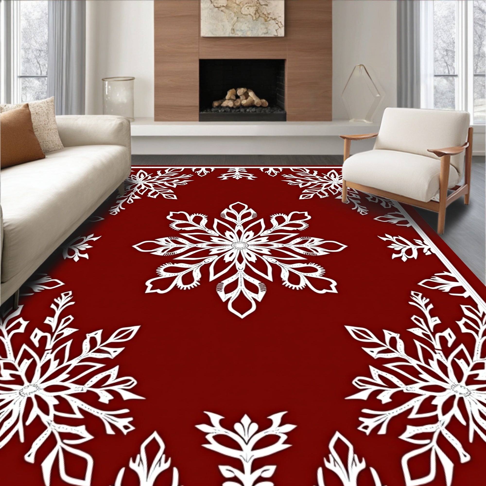 Crimson White Symmetrical Snowflakes Rug