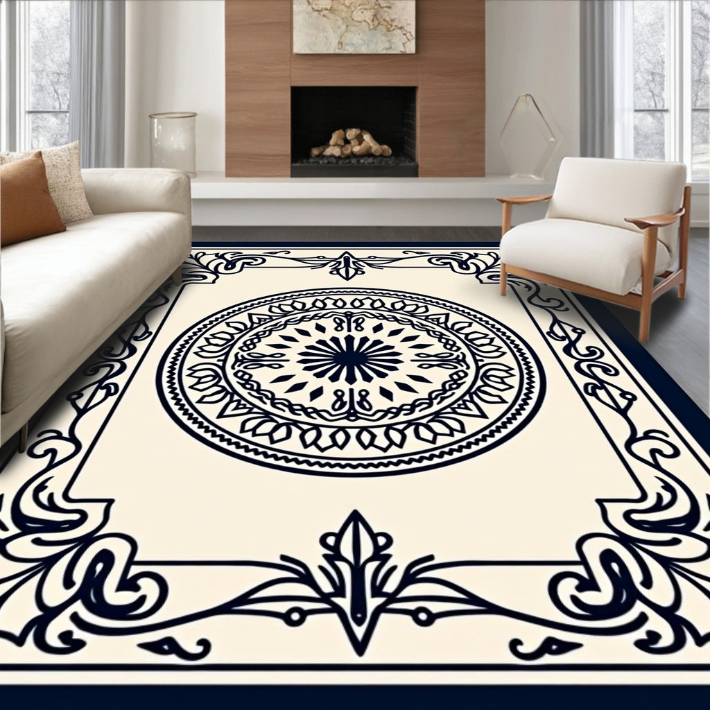 Ornate Dark Blue Medallion Border Rug