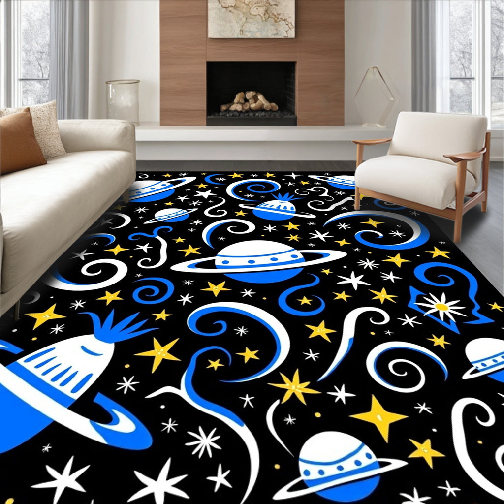 Cosmic Blue White Yellow Planets Swirls Rug