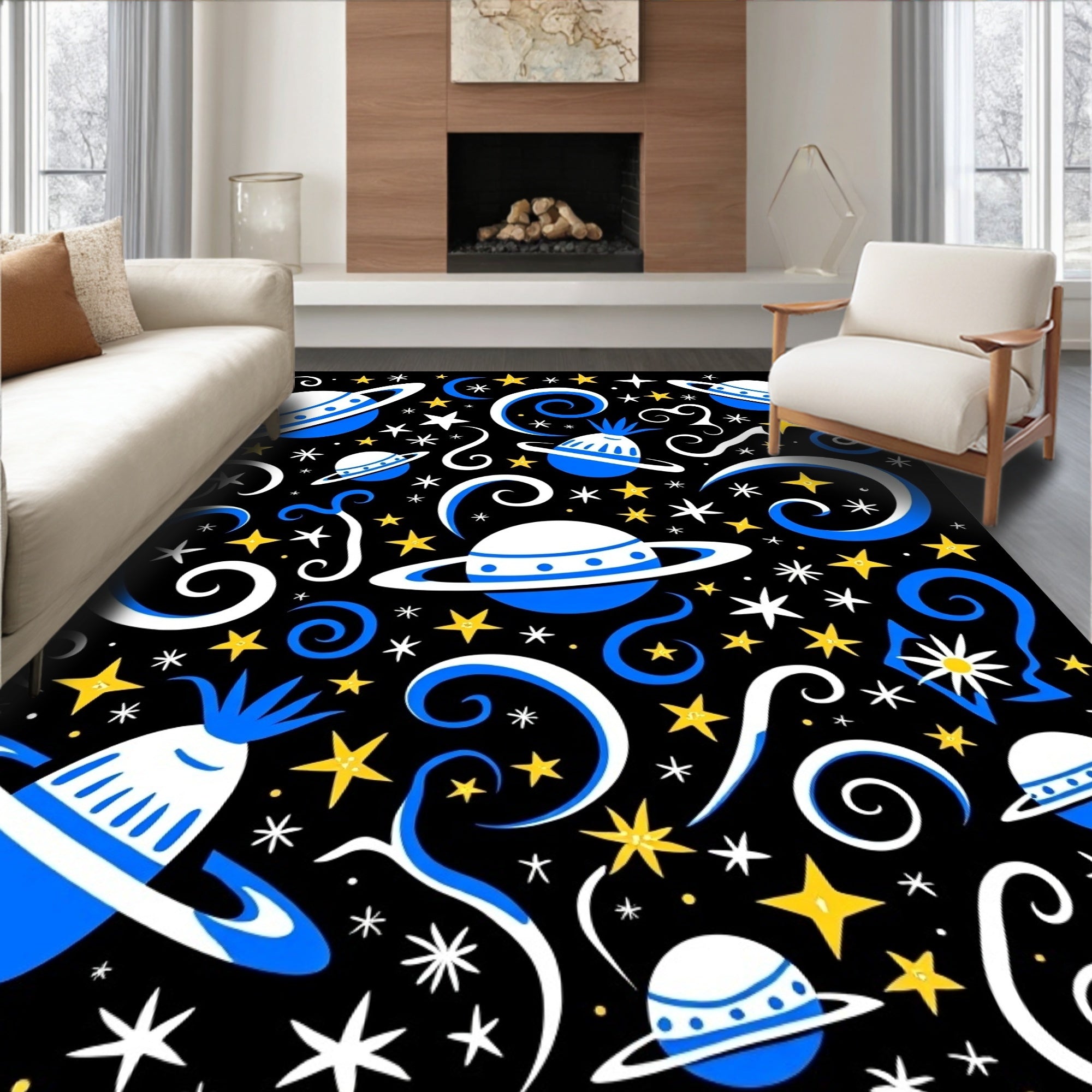Cosmic Blue White Yellow Planets Swirls Rug