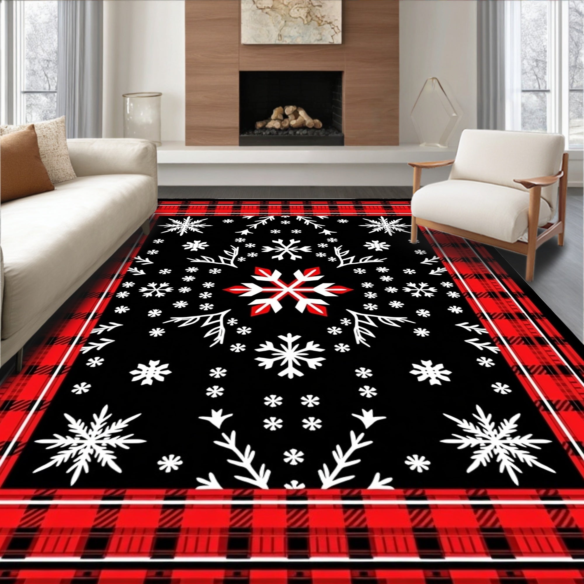Red Black Plaid Snowflake Scatter Rug