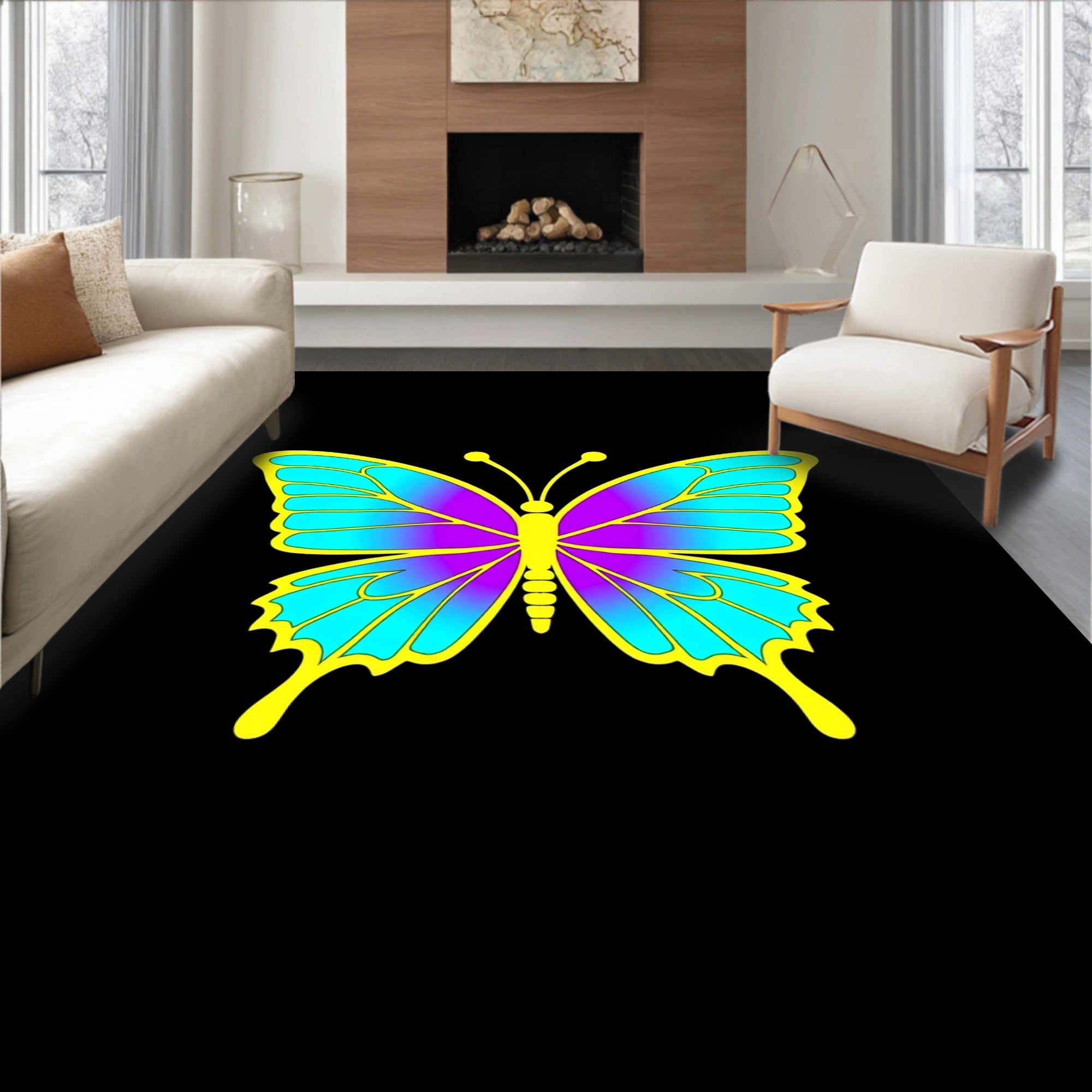 Vivid Yellow Purple Blue Butterfly Garden Rug