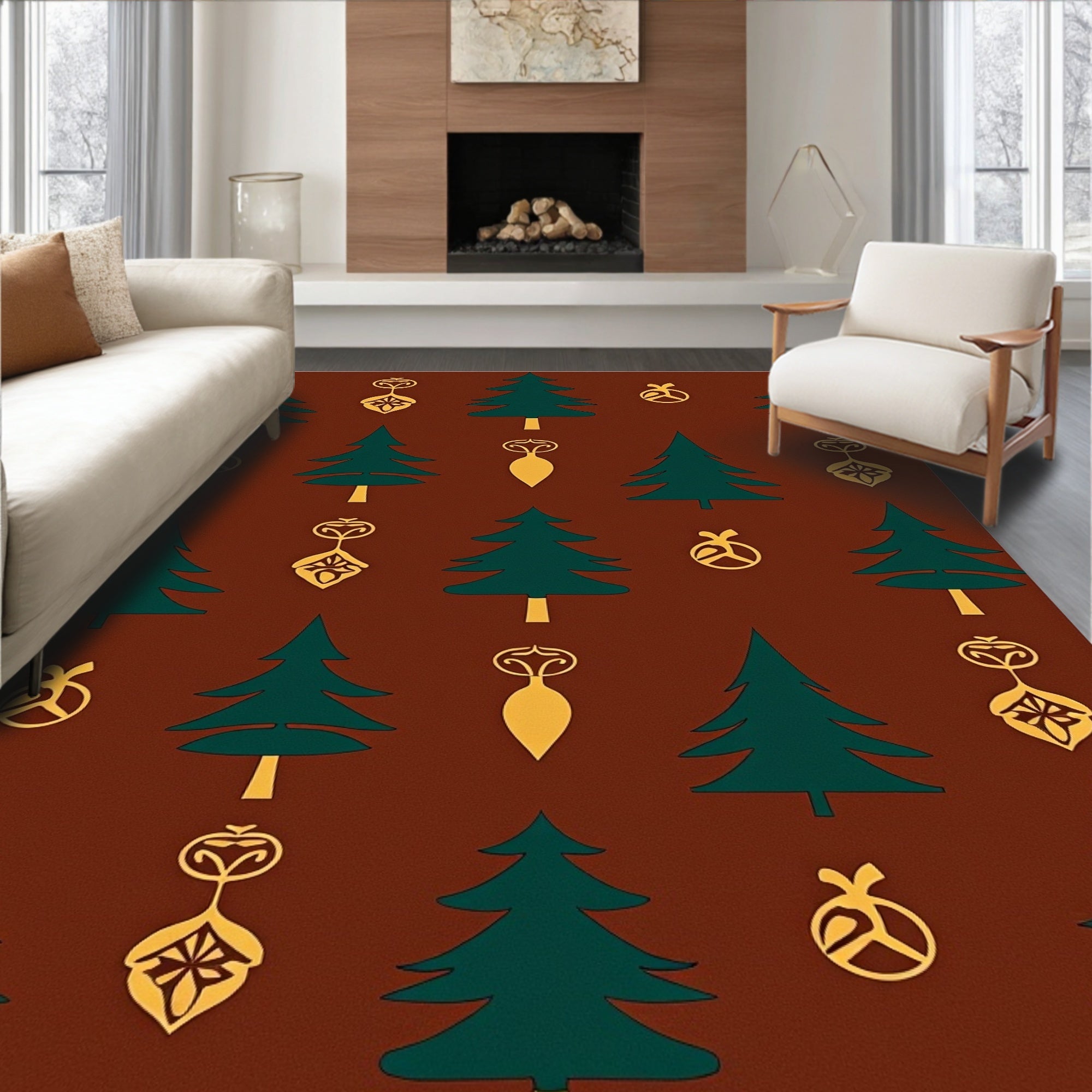 Emerald Tree Ornaments On Brown Rug