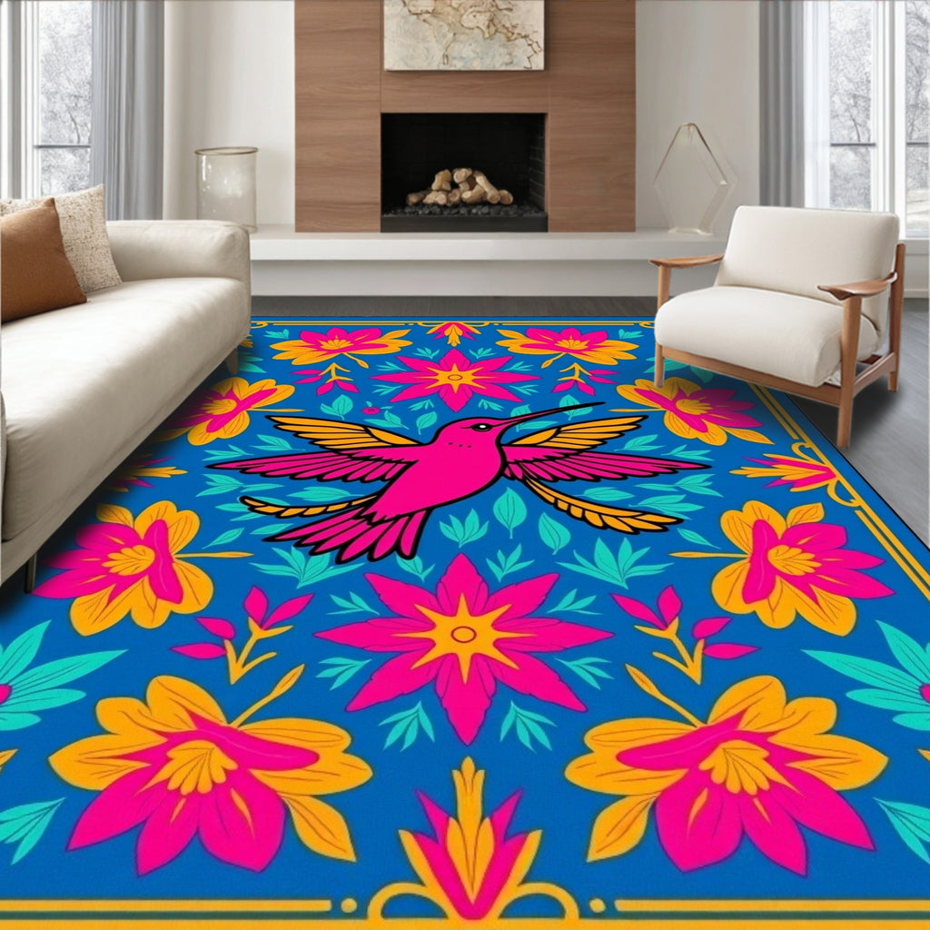 Vibrant Pink Hummingbird Floral Medallion Rug