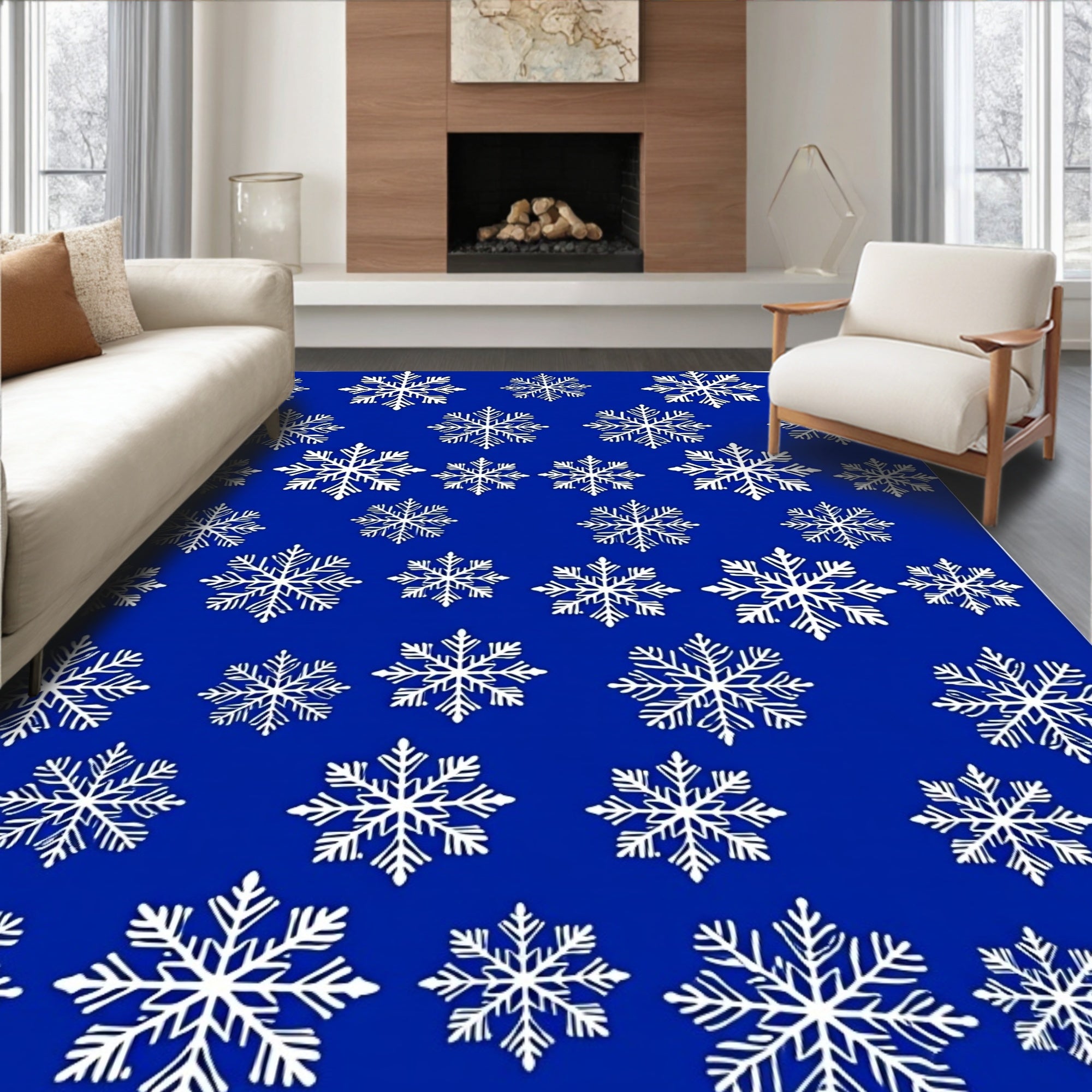 White Snowflakes On Royal Blue Rug
