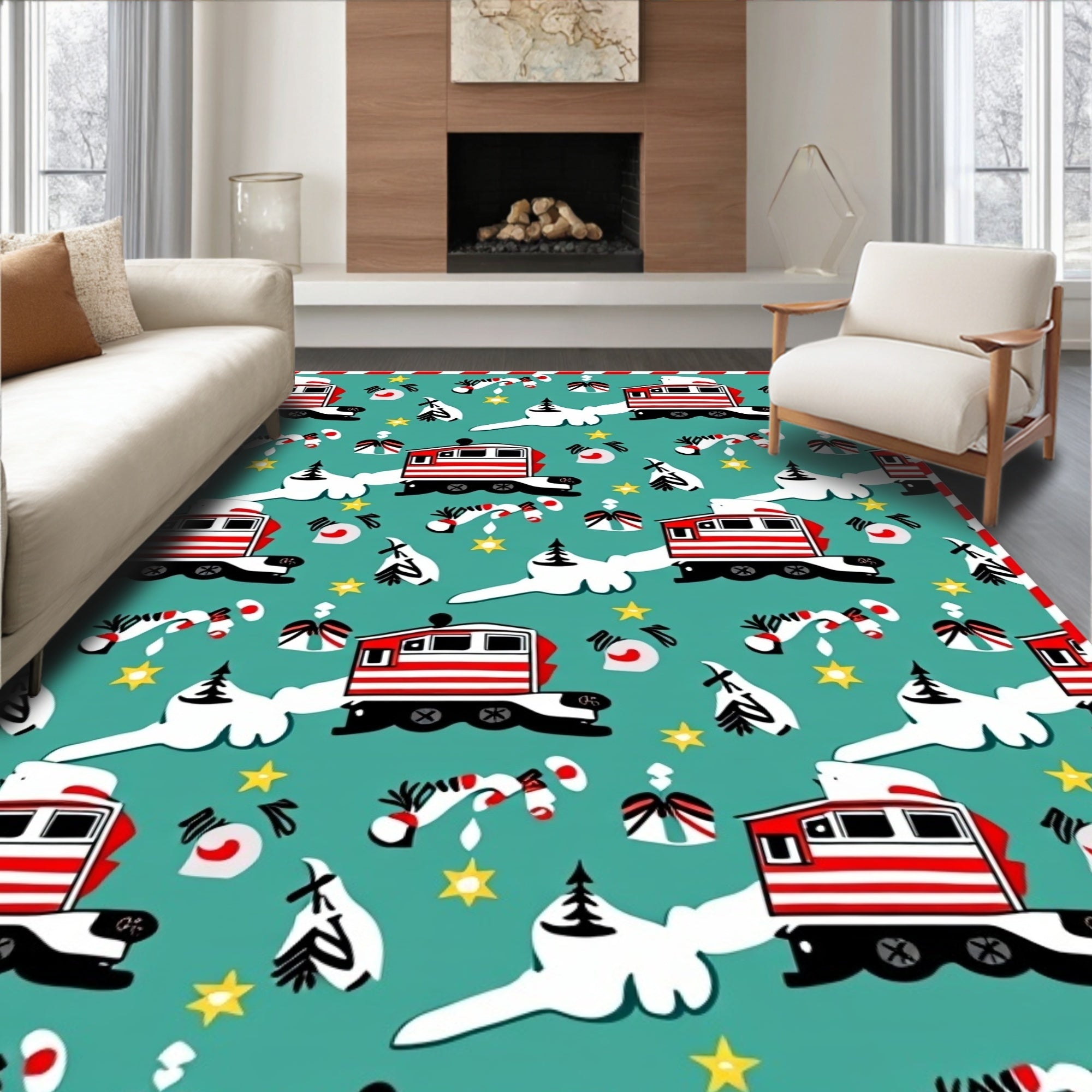 Red Holiday Train Candy Cane Stars Rug