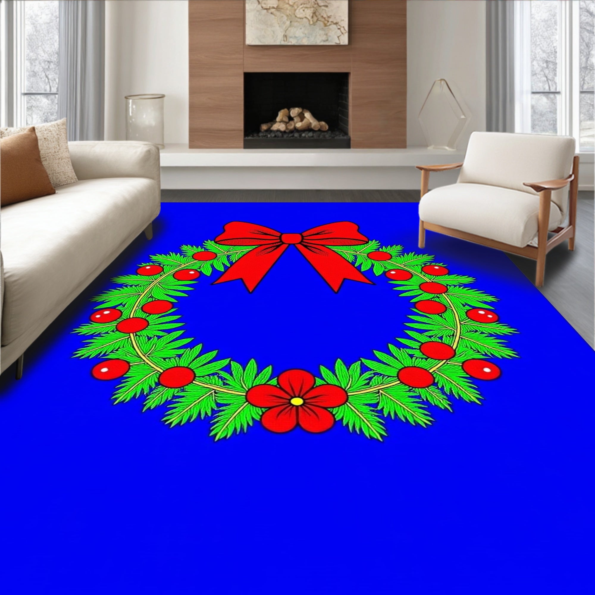 Festive Red Bow Festive Green Wreath Rug