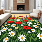 Vivid Red Poppies Daisy Garden Field Rug