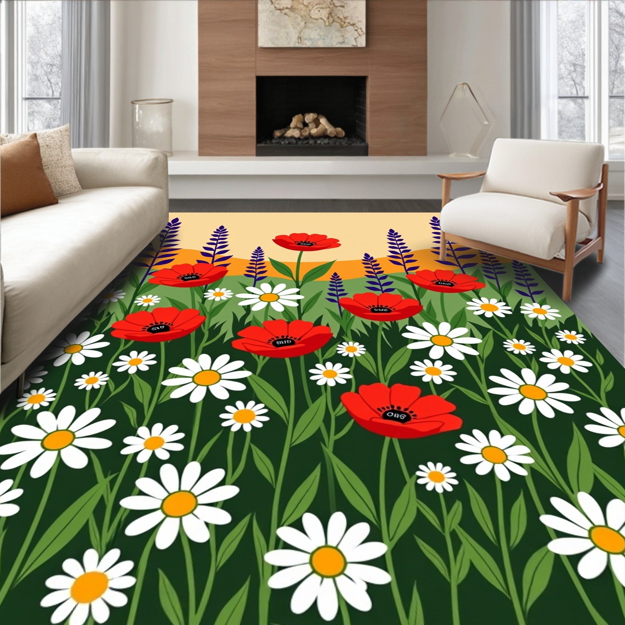 Vivid Red Poppies Daisy Garden Field Rug