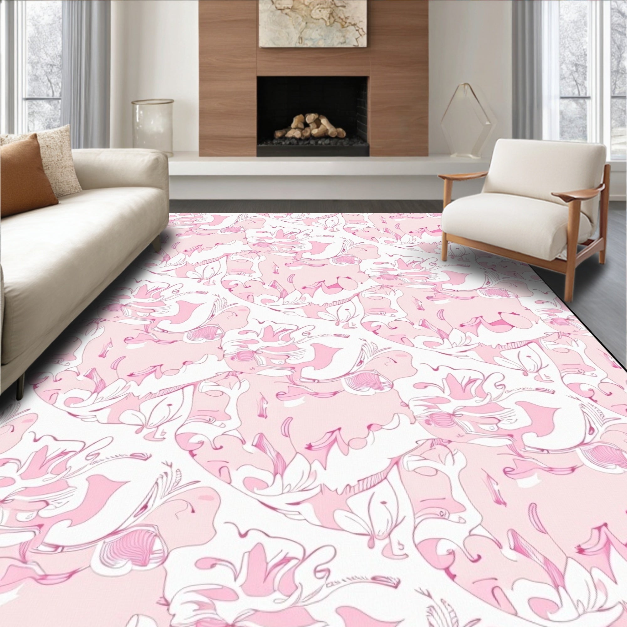 Charming Pink Outline Floral Swirl Rug