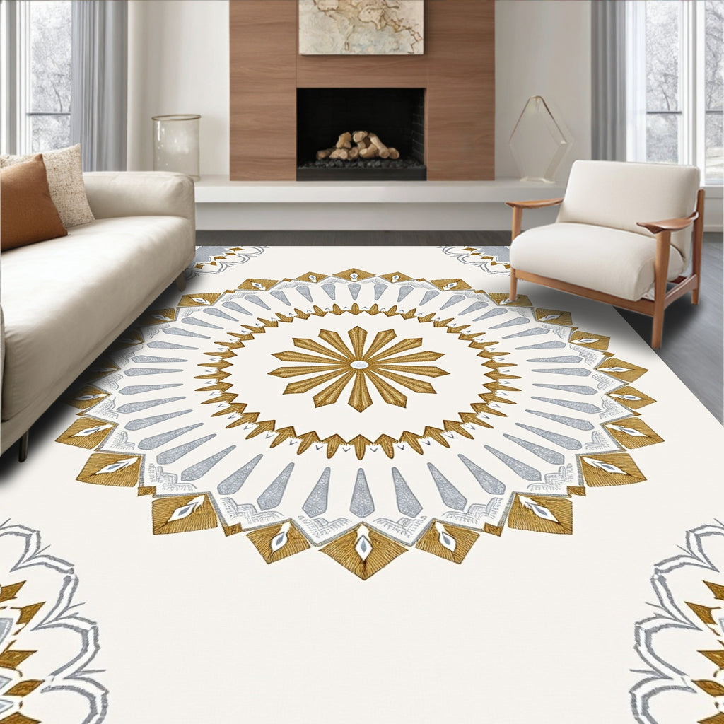 Gold Silver Mandala Radial Bloom Rug