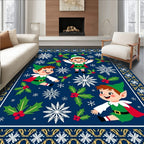 Festive Elf Holly Snowflake Navy Blue Rug