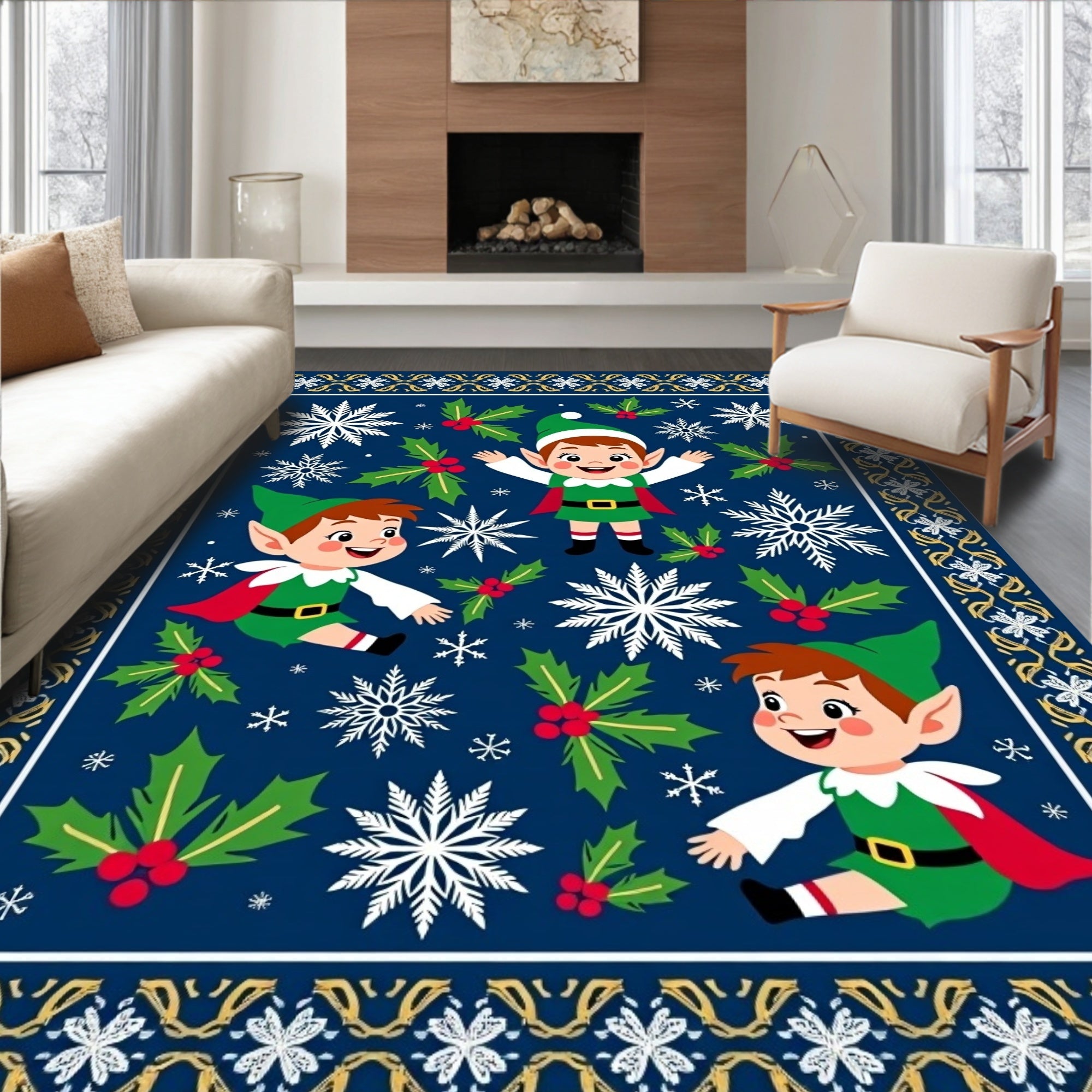 Festive Elf Holly Snowflake Navy Blue Rug