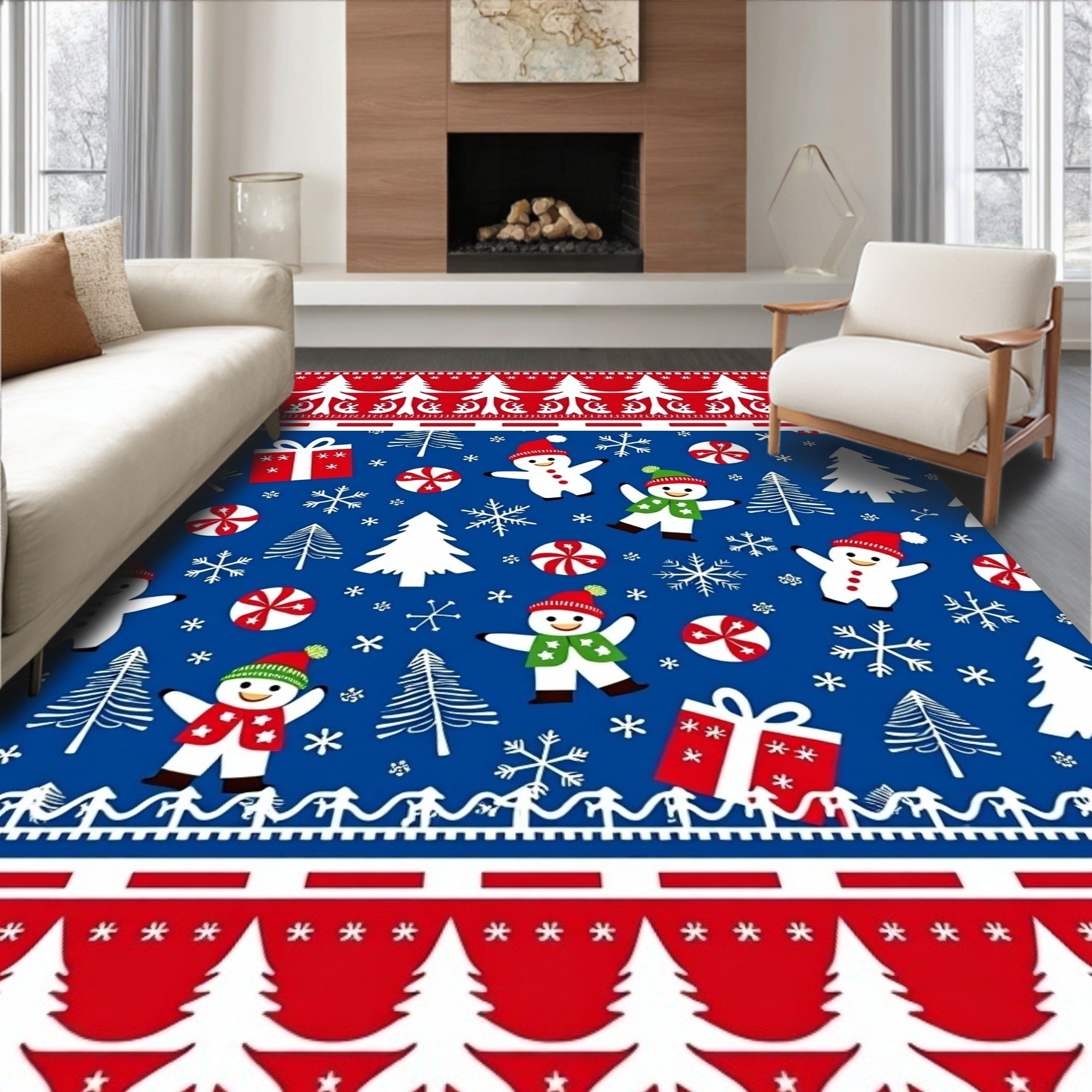 Festive Blue Snowman and Candy Cane Rug