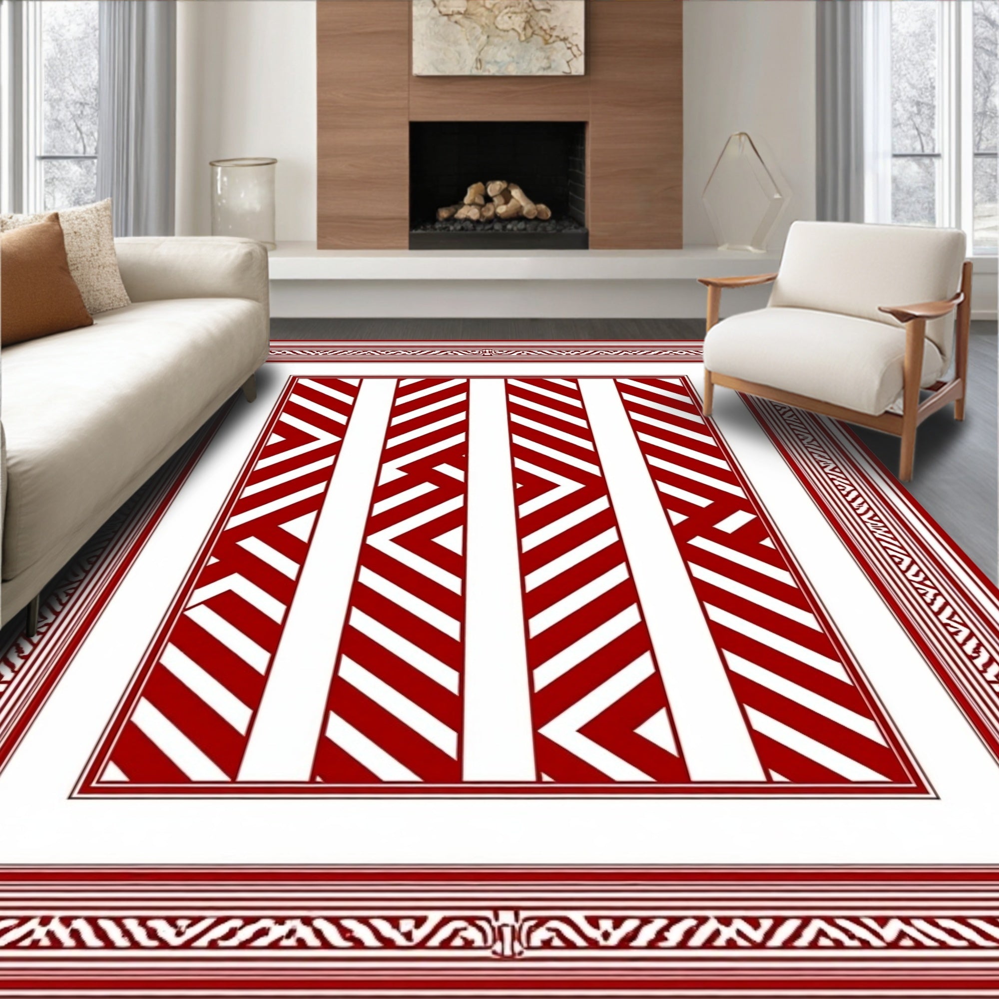 Bold Crimson Jagged Stripe Frame Rug