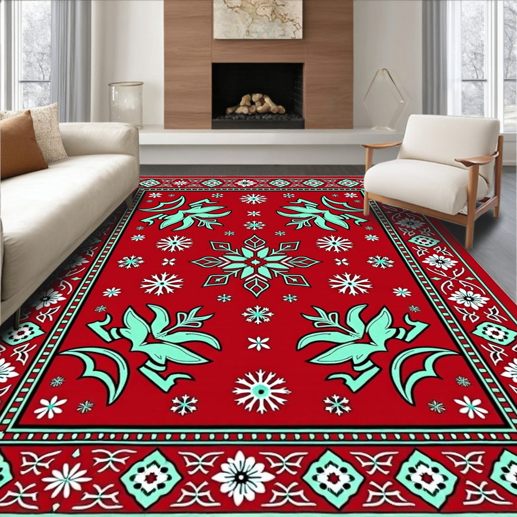 Red White Turquoise Floral Medallion Rug