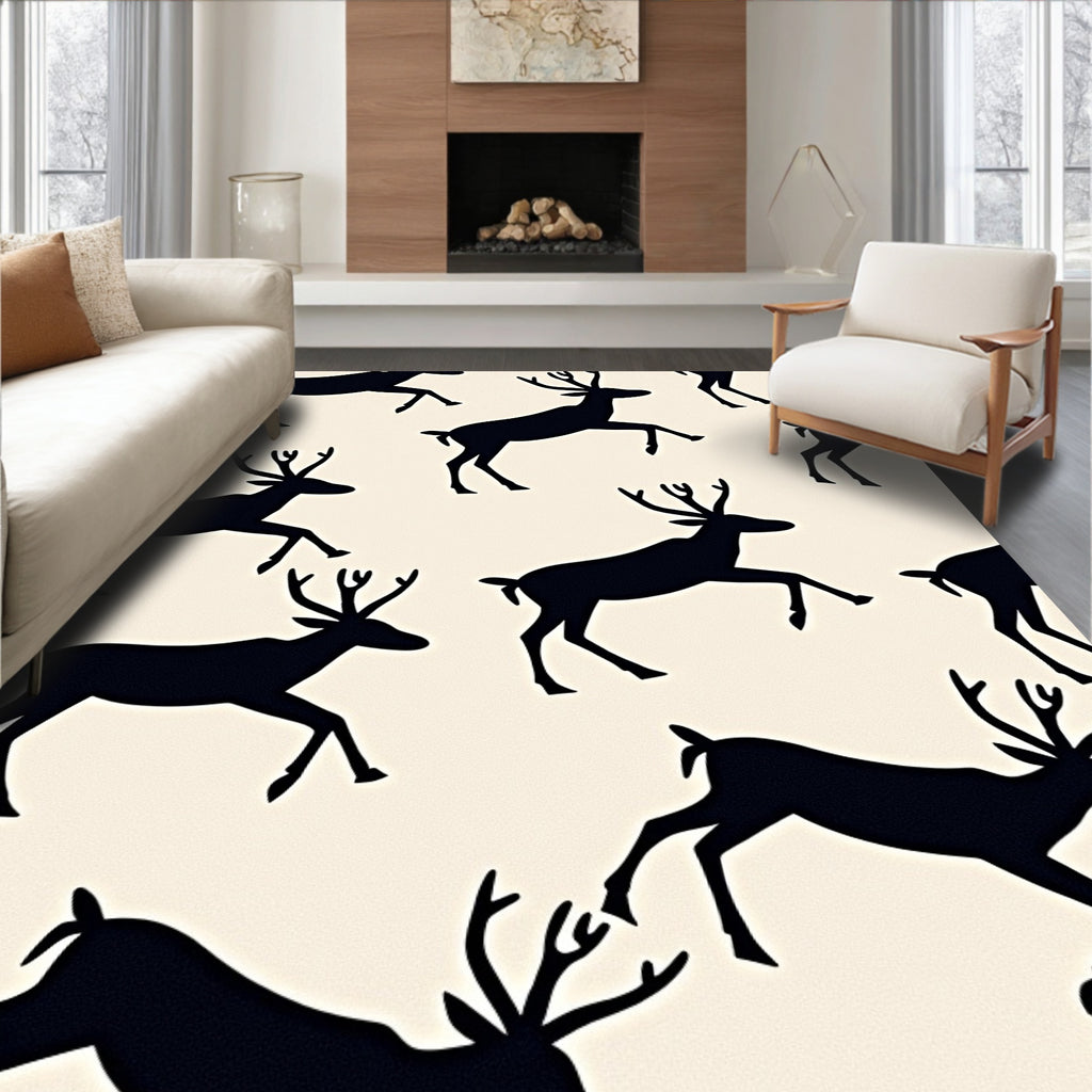 Black Deer Silhouette Cream Background Rug
