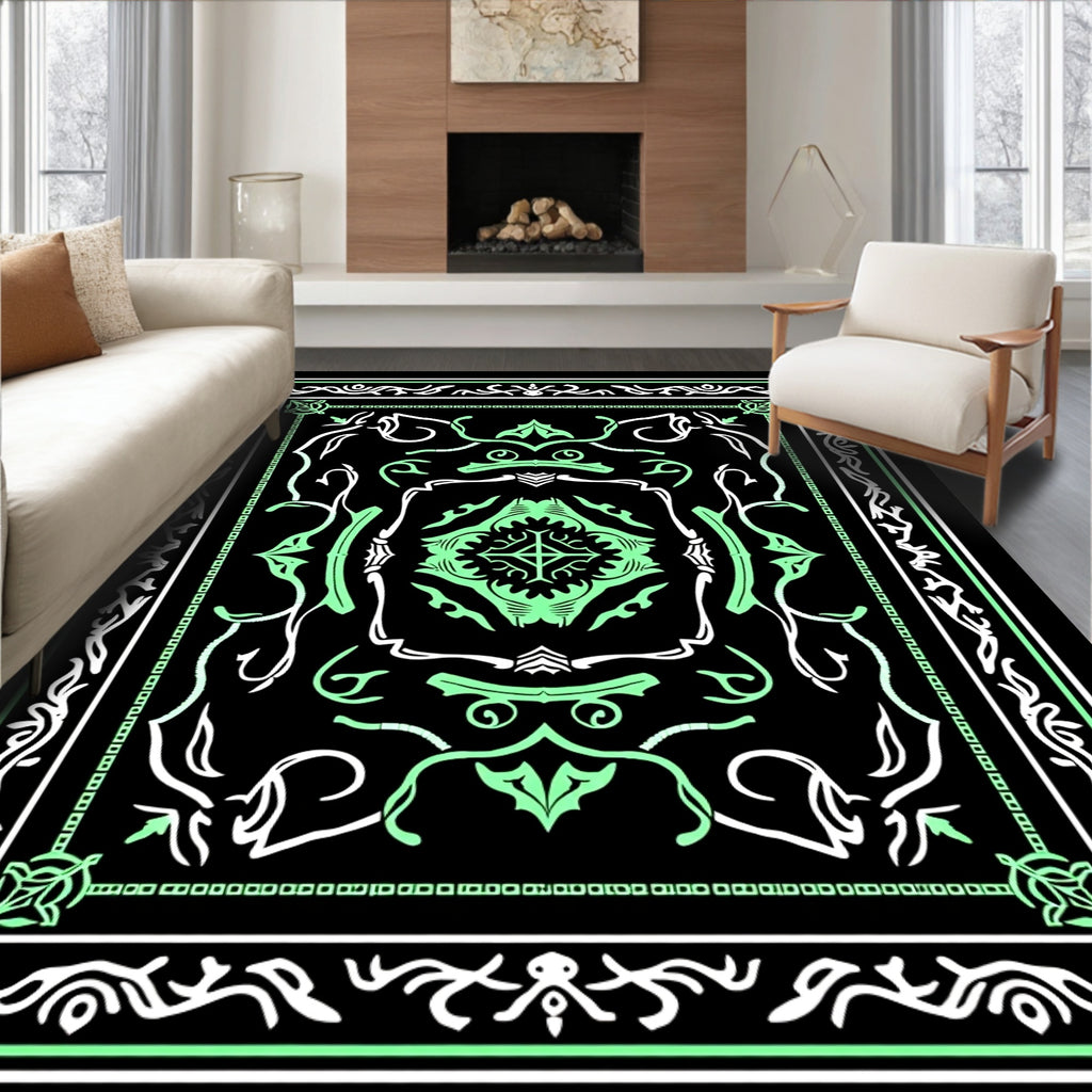 Ornate Mint Green Black Medallion Rug