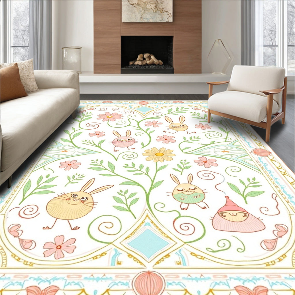 Whimsical Spring Garden Bunny Border Rug