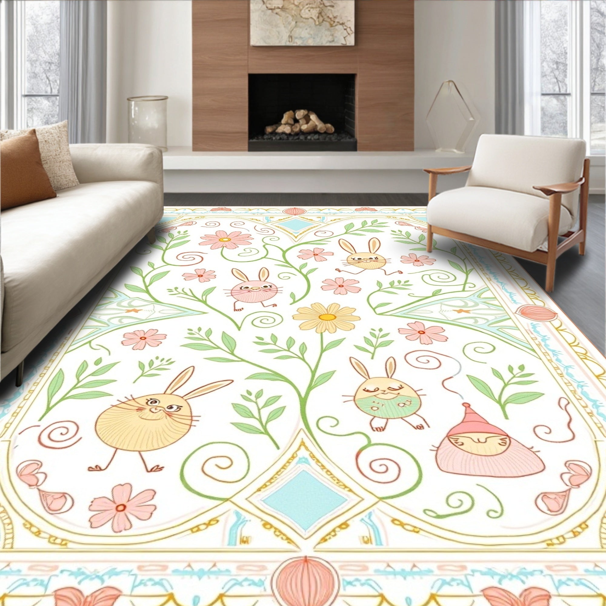 Whimsical Spring Garden Bunny Border Rug