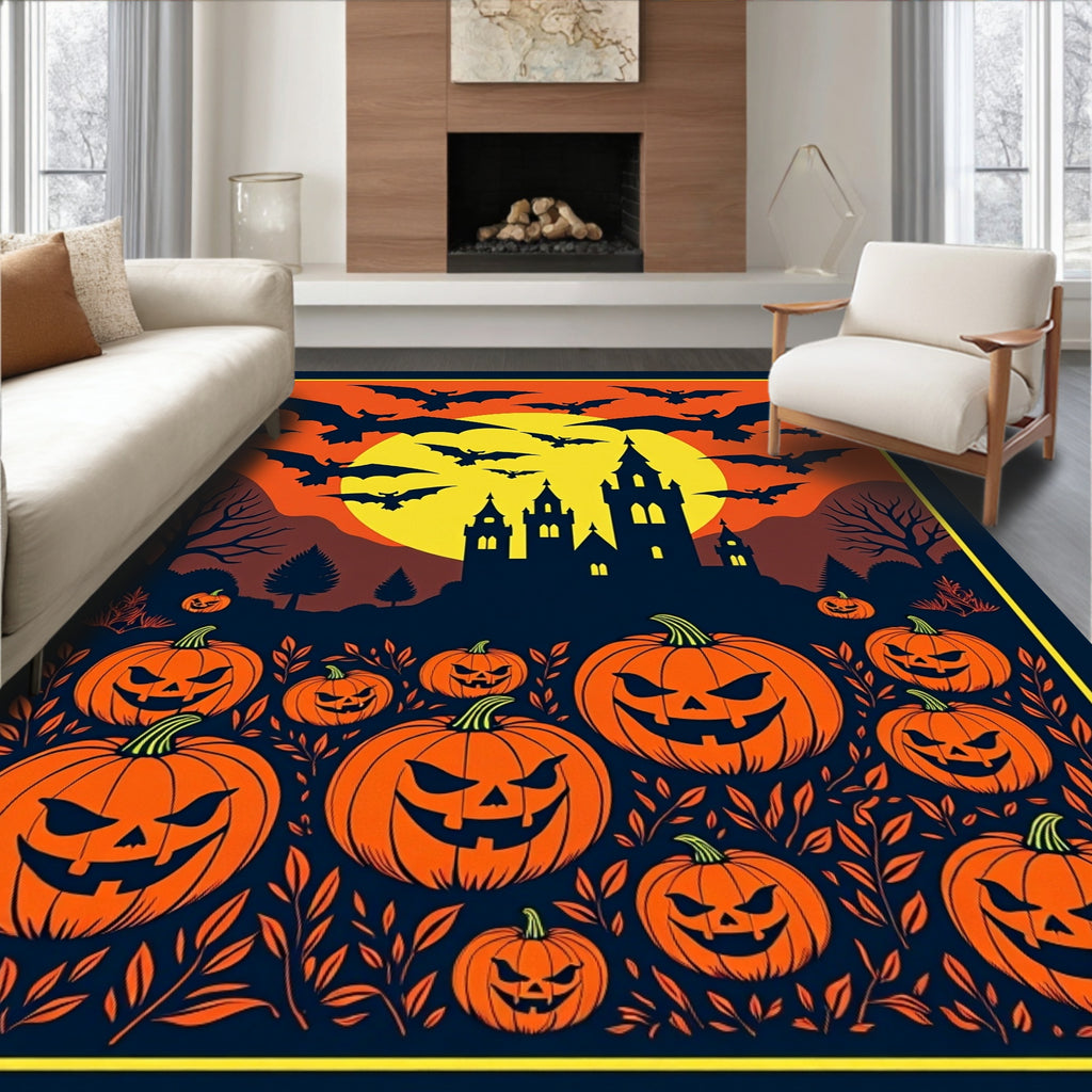 Spooky Halloween Bats Pumpkin Castle Night Rug