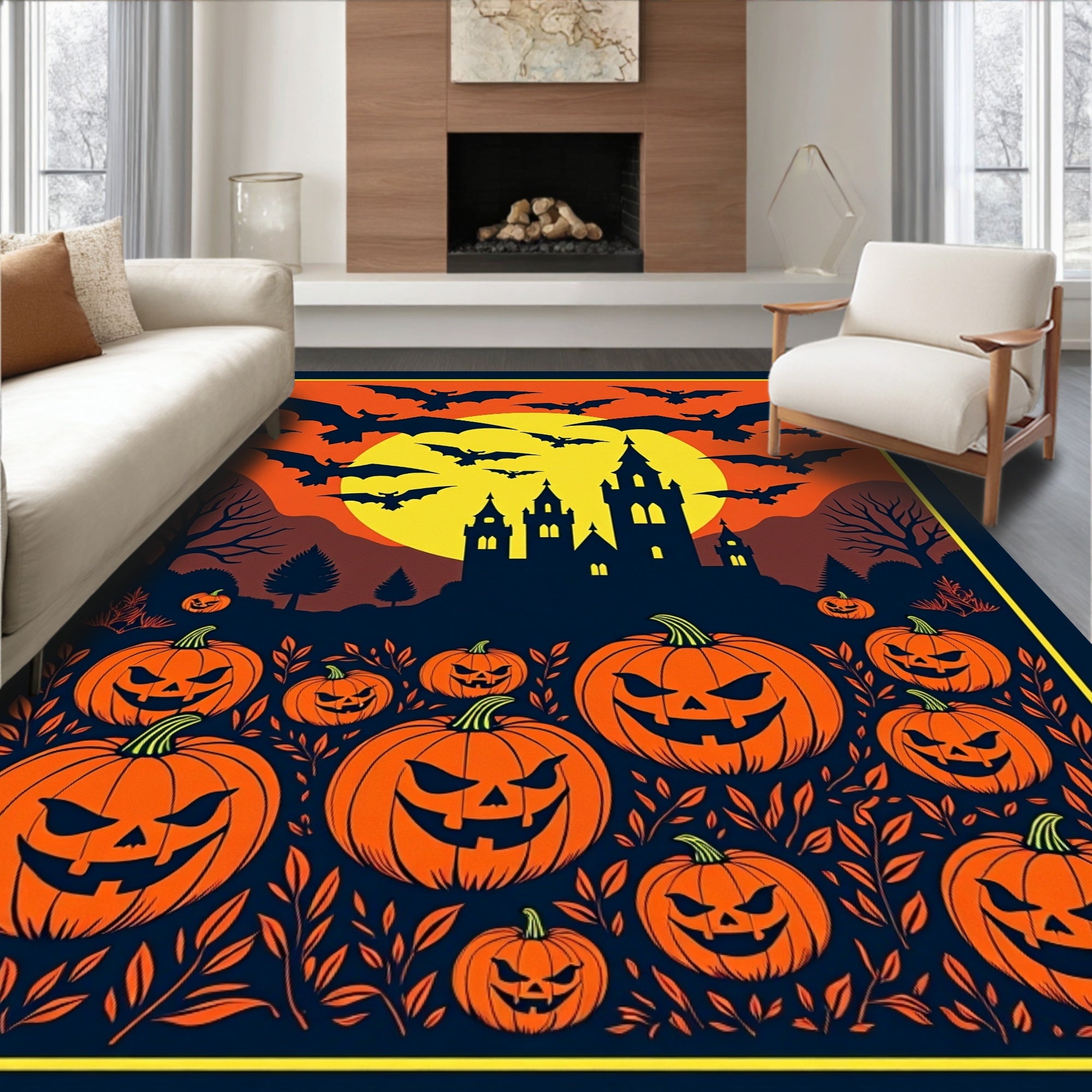 Spooky Halloween Bats Pumpkin Castle Night Rug