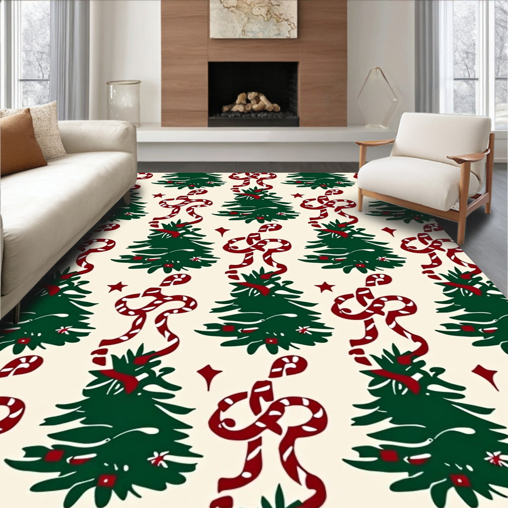Festive Green Christmas Trees Ribbon Accents Rug