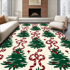 Festive Green Christmas Trees Ribbon Accents Rug