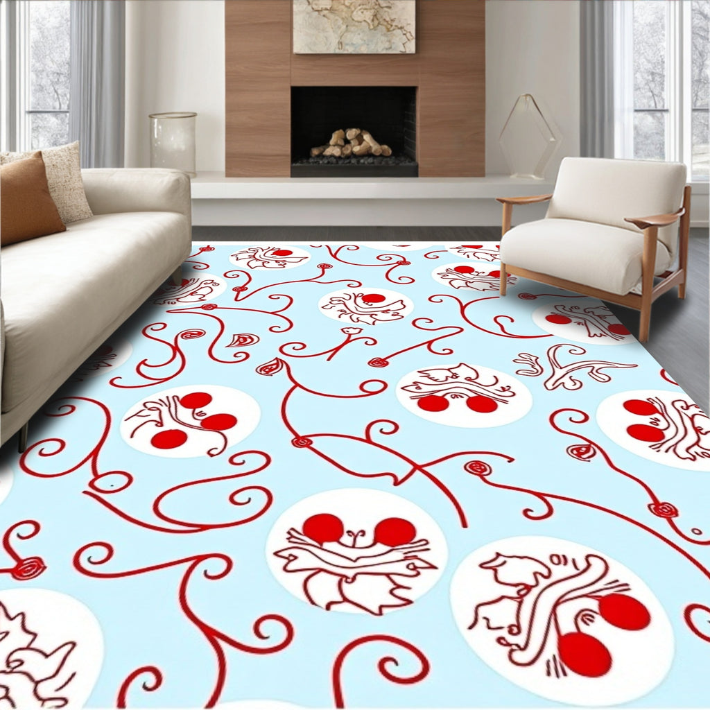 Light Blue Red Whimsical Whimsical Fruit Vines Rug