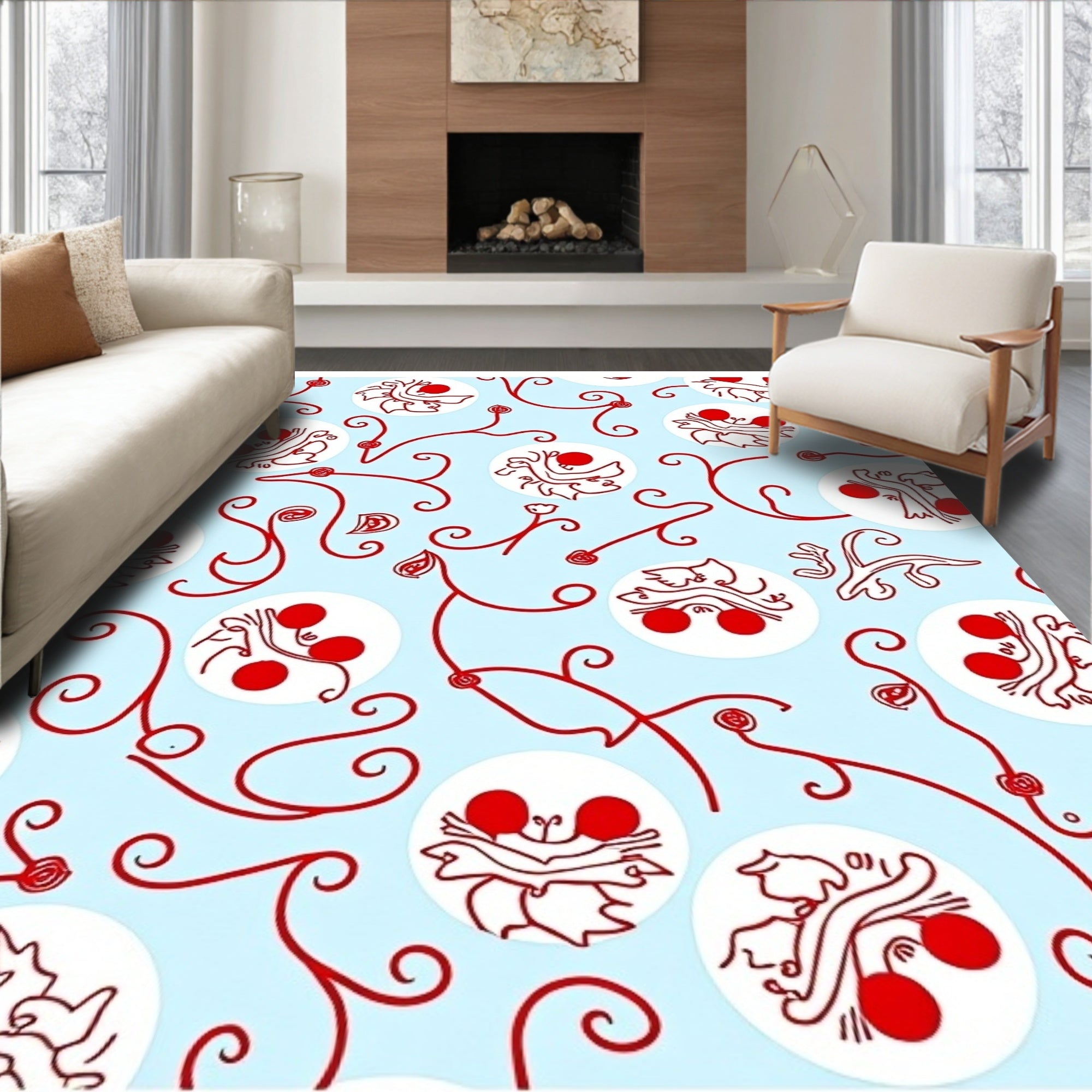 Light Blue Red Whimsical Whimsical Fruit Vines Rug