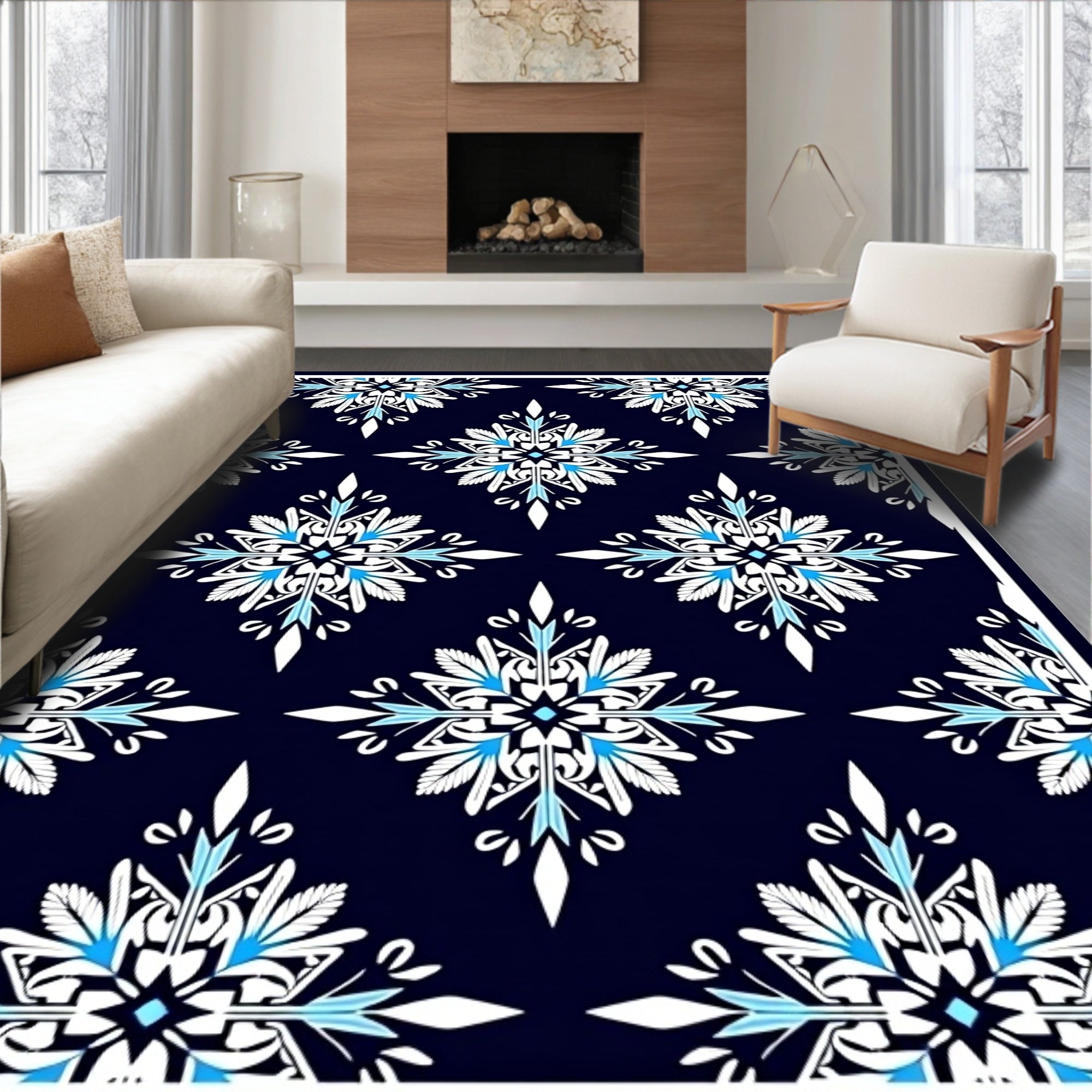 Navy Blue White Blue Floral Medallion Rug