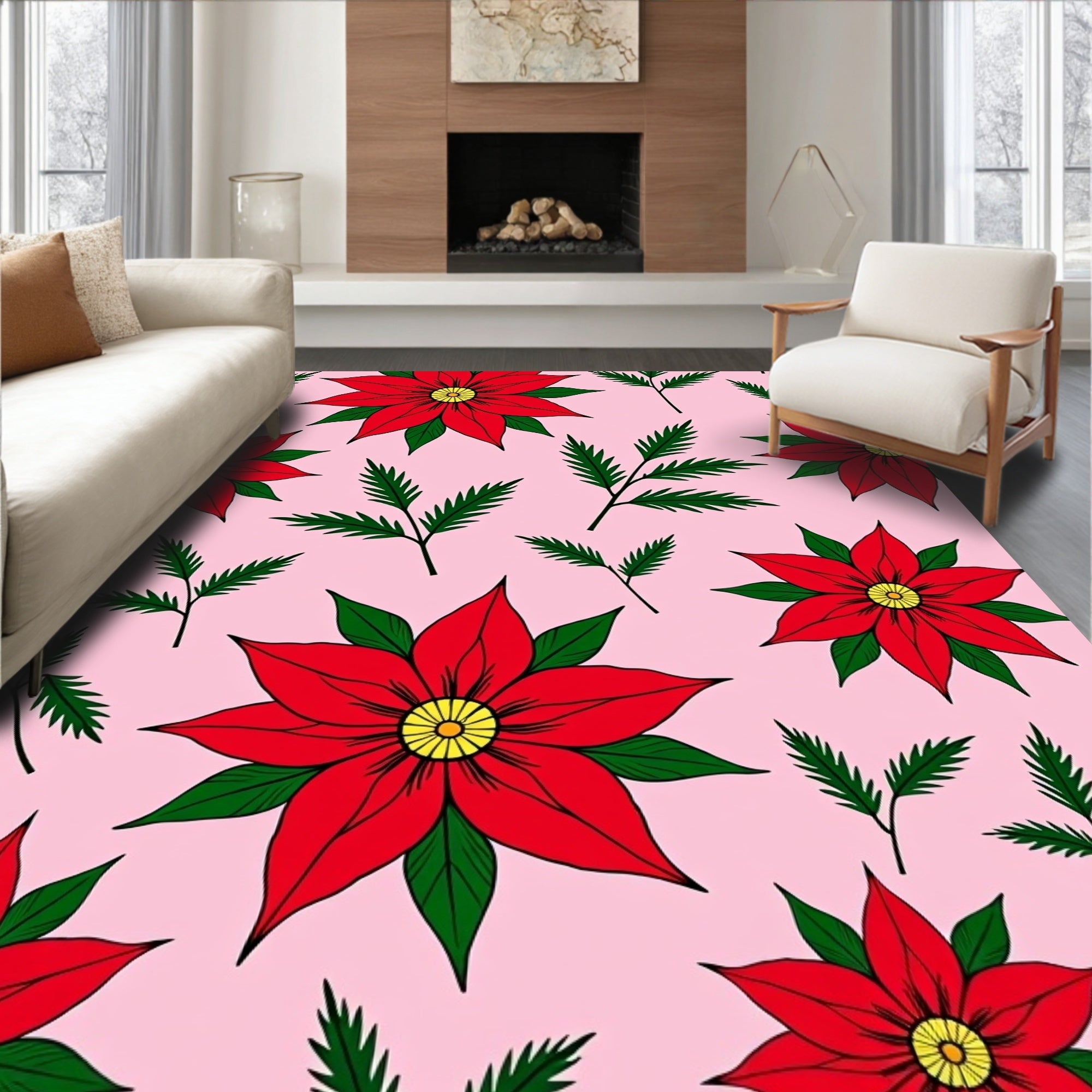Red Poinsettias Green Foliage Pink Background Rug