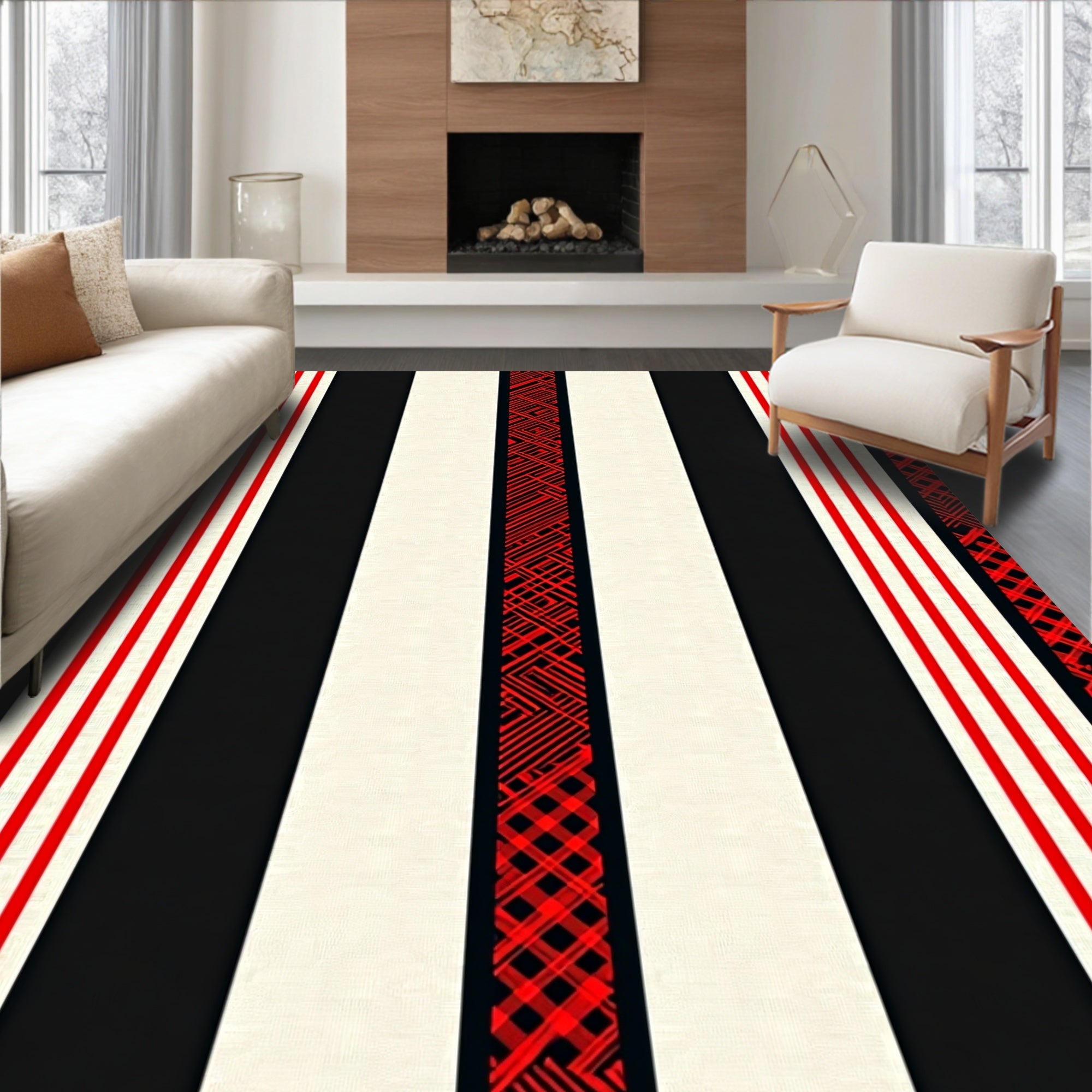 Red Black Cream Striped Lattice Rug