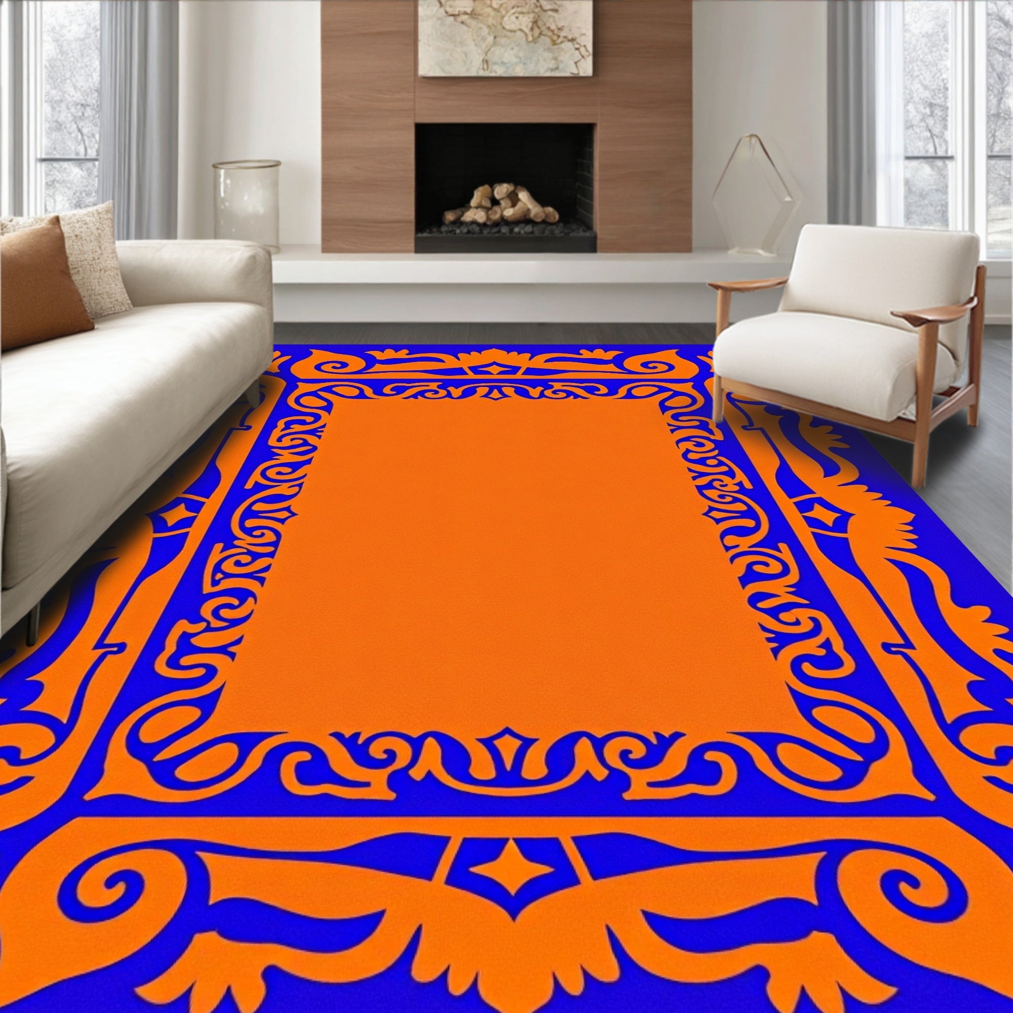 Vibrant Orange Blue Ornate Frame Rug