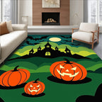 Spooky Orange Pumpkin Bat Castle Silhouette Rug
