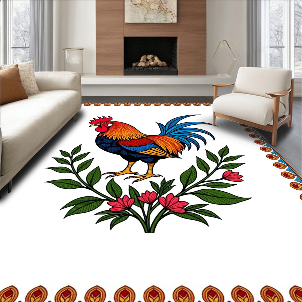 Vibrant Rooster Floral Wreath Emblem Rug