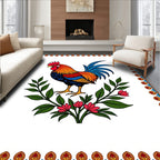 Vibrant Rooster Floral Wreath Emblem Rug