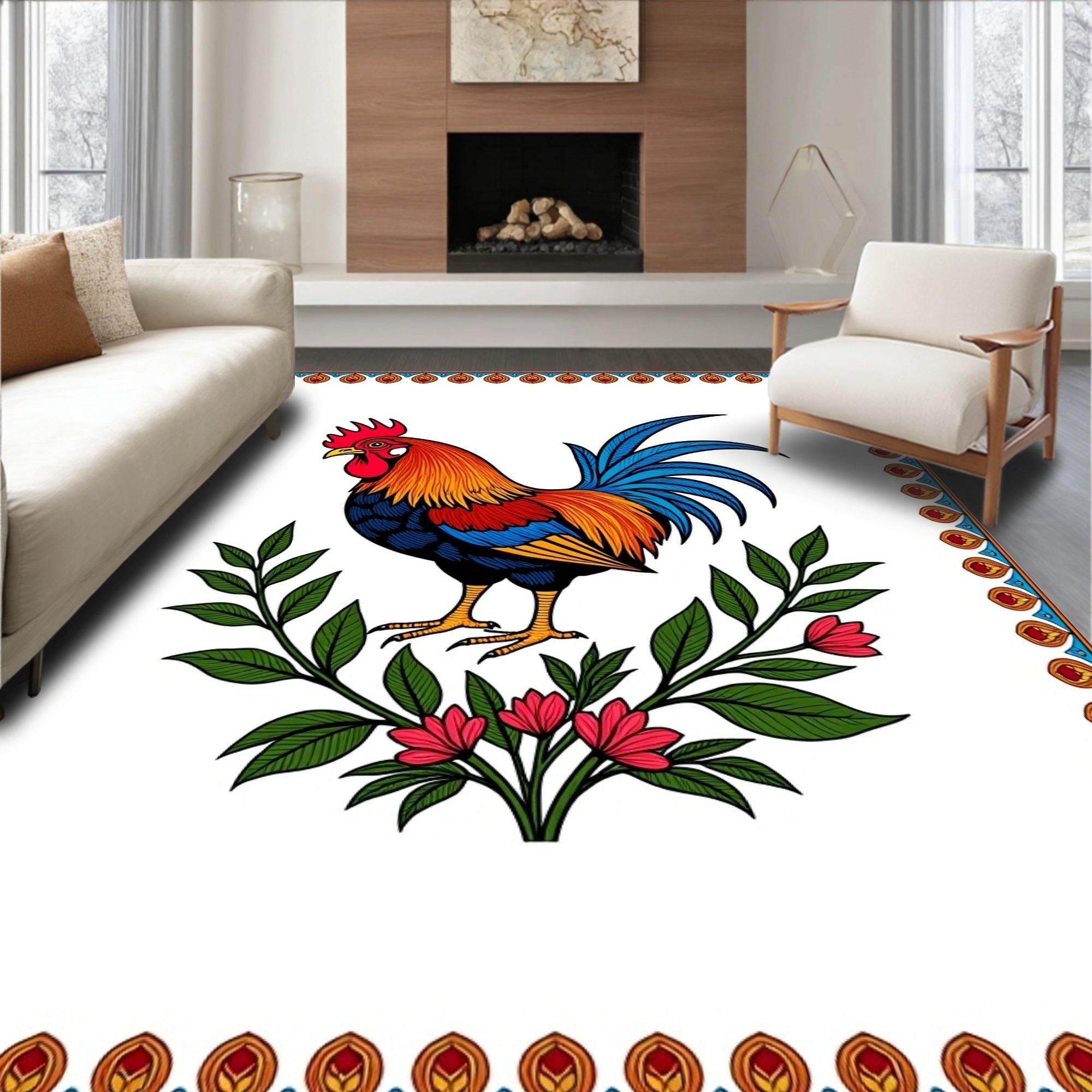 Vibrant Rooster Floral Wreath Emblem Rug