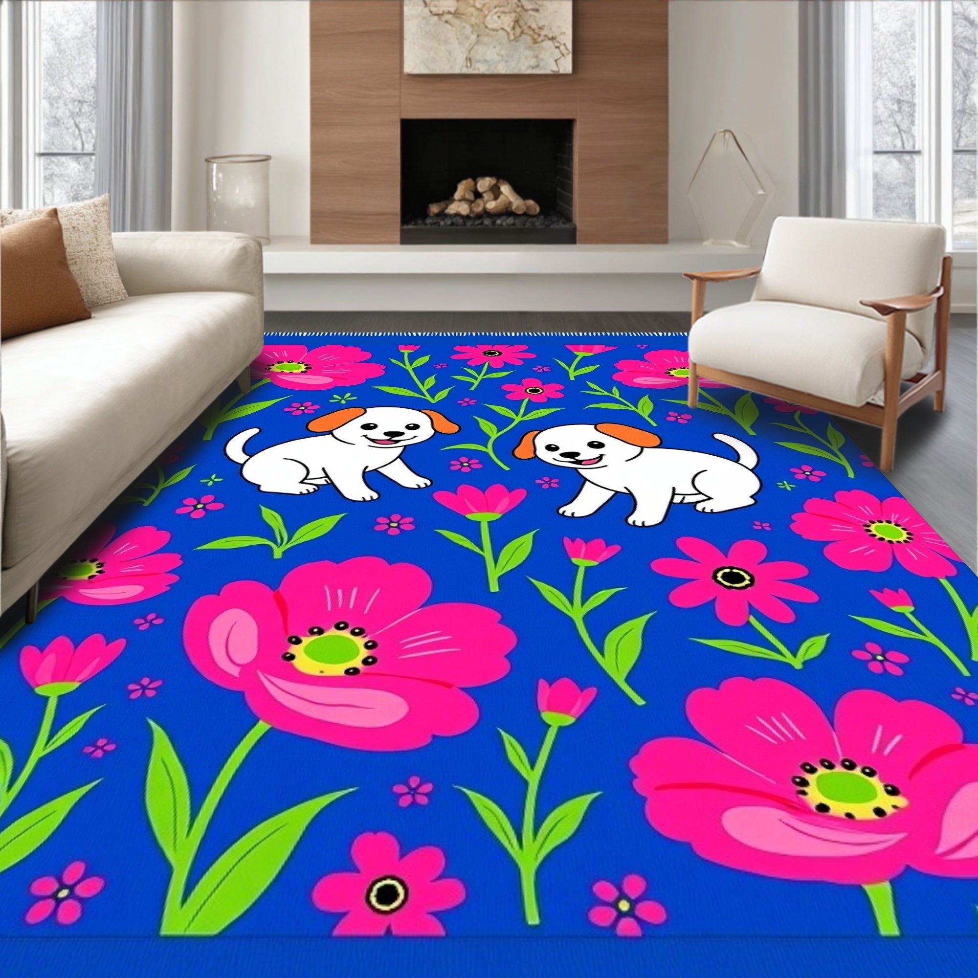 Happy puppies pink floral blue Rug