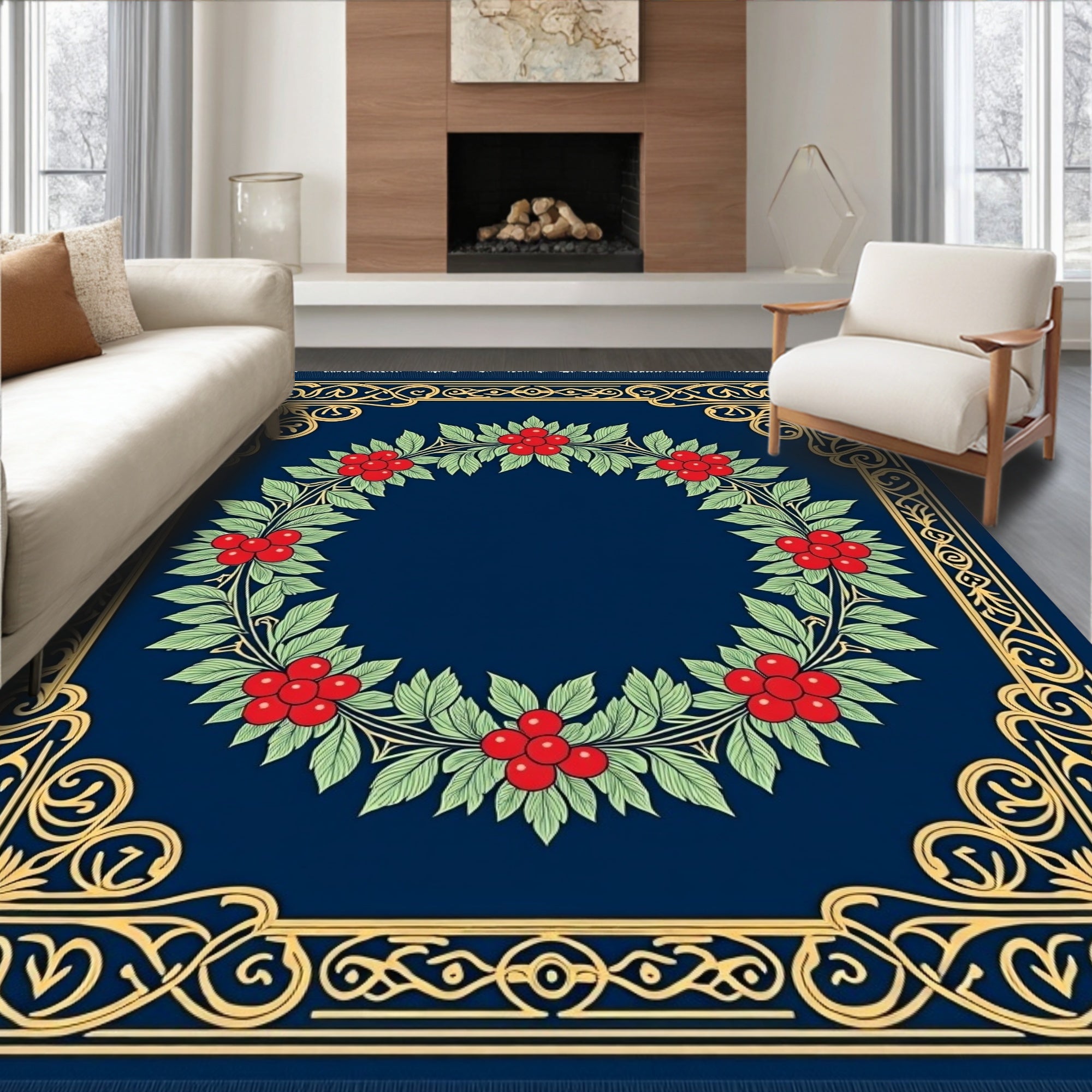 Navy Blue Cherry Blossom Laurel Wreath Rug
