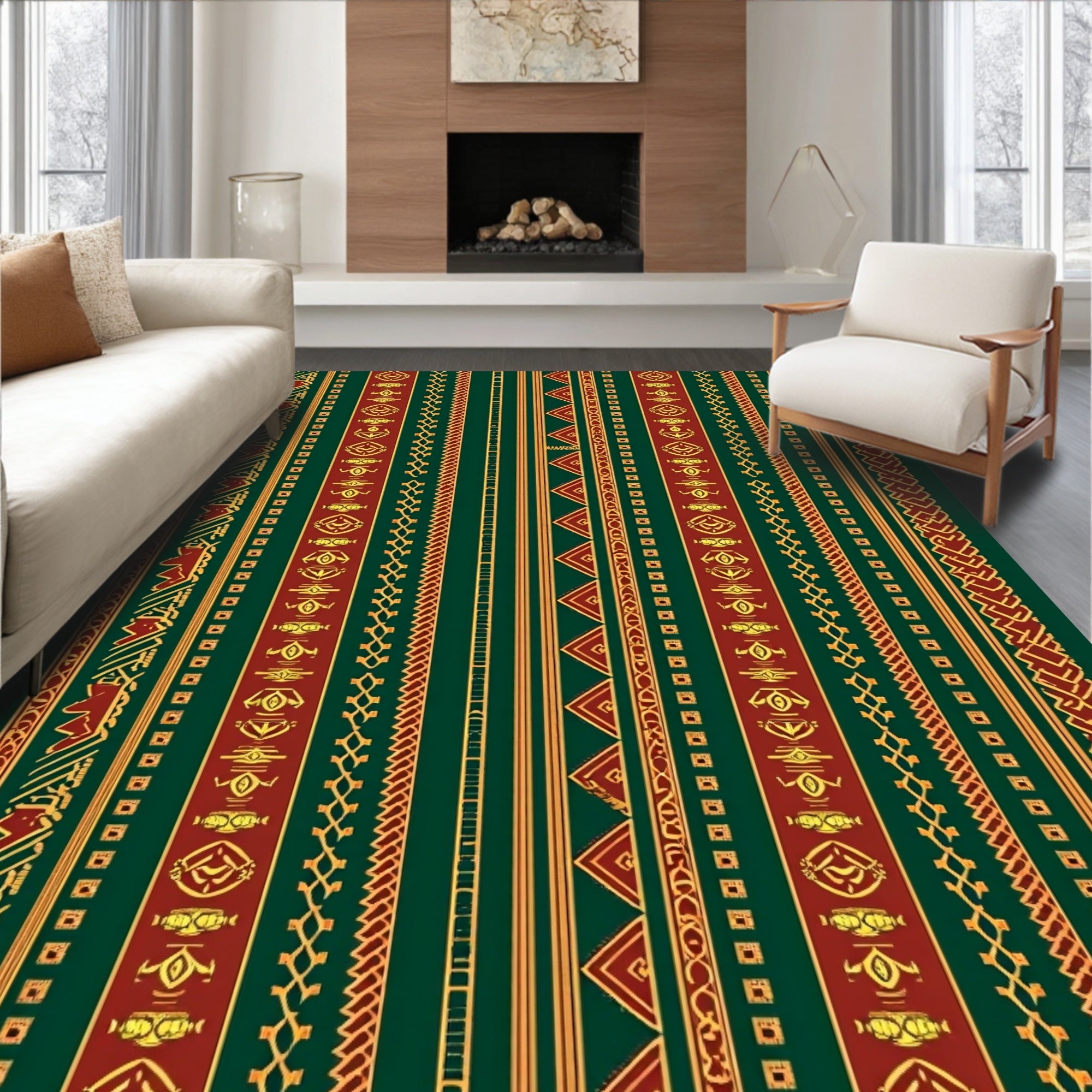 Deep Green Crimson Yellow Tribal Stripe Rug